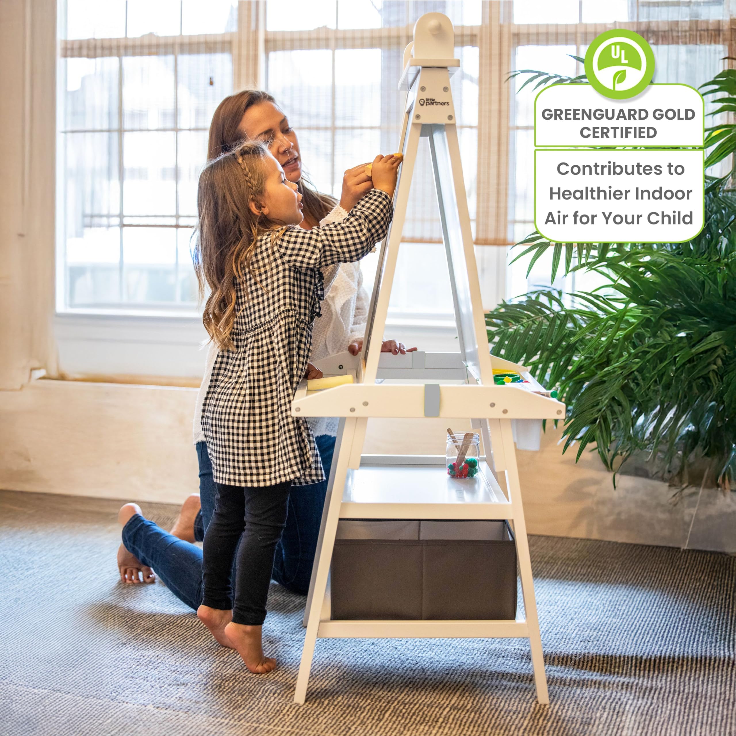 Little Partners Deluxe Learn 'N Play Toddler Easel - 2-Sided Kids Art Center with Chalkboard & Magnetic Whiteboard, Paper Roll, Storage Bins & Paint Cups (Soft White) | Perfect for Home, Preschool & Creative Play