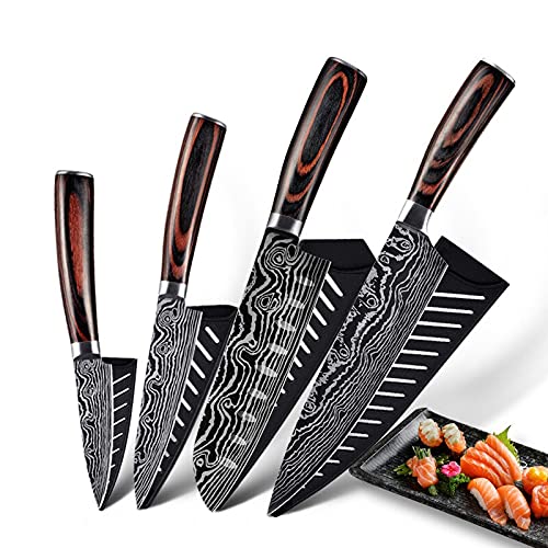 Premium Damascus Steel Knife Set - 4-Piece Professional Chef Knives with Laser Etched Pattern | 5Cr15MoV Stainless Steel Kitchen Cutlery Set for Slicing, Dicing & Food Prep | Ideal for Home Cooks & Professional Chefs | BY ZZYY
