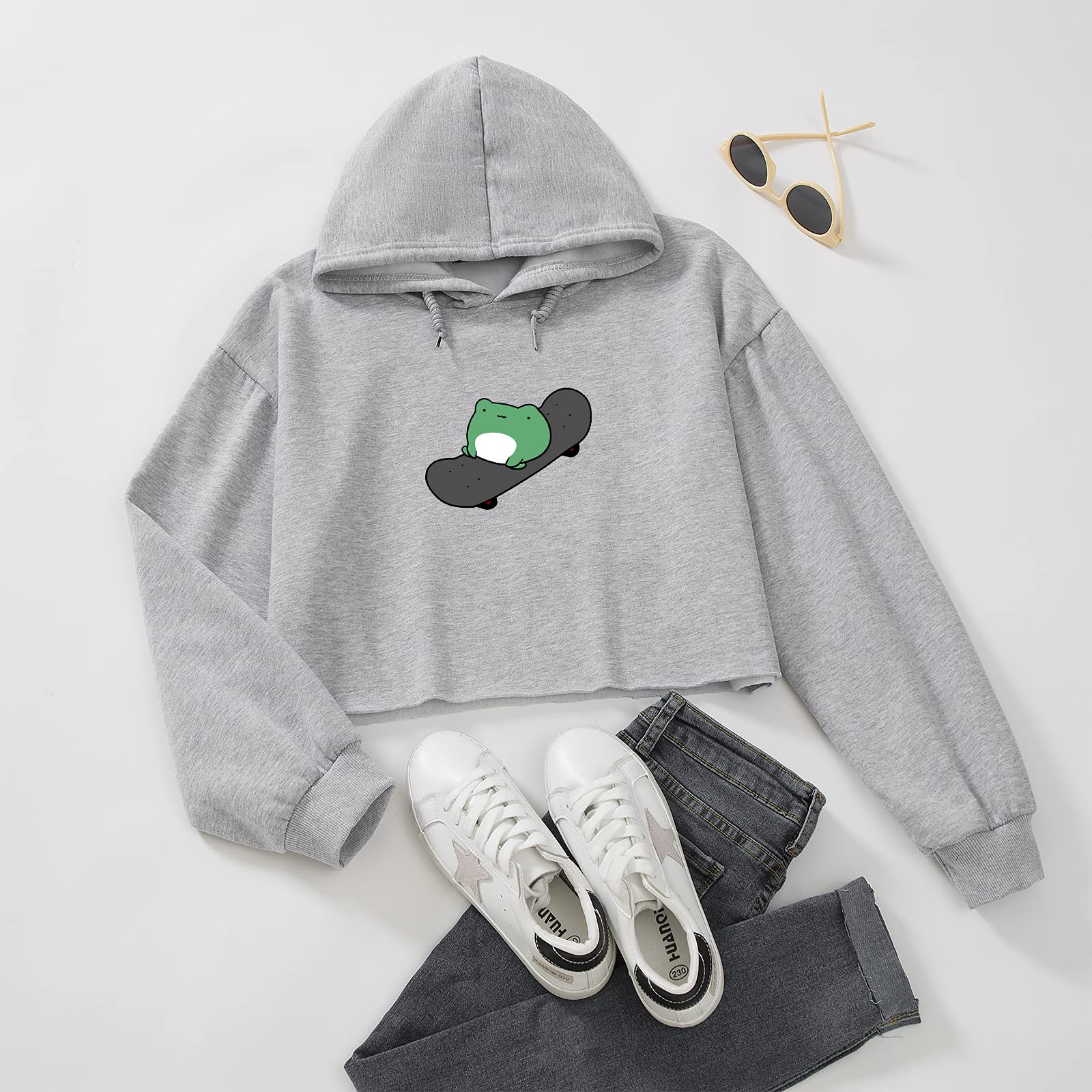 KEEVICI Women's Cropped Hoodie - Cute Frog Skateboard Graphic Cotton Sweatshirt Long Sleeve Pullover Top for Workout & Streetwear Fashion