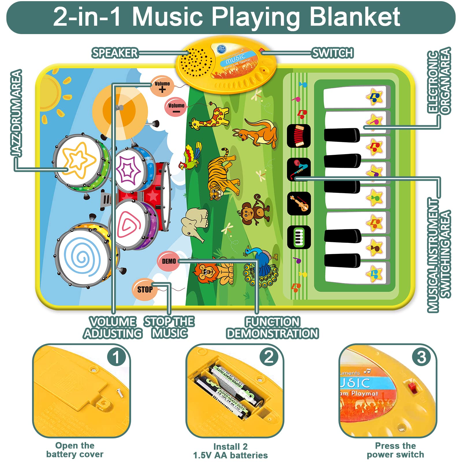 PRAGYM 2-in-1 Baby Musical Toy Set - Toddler Piano & Drum Play Mat with Drumsticks - Early Learning Educational Gift for 1 2 Year Old Boys & Girls - Perfect 1st Birthday Gift for Toddlers - Great for Home Playtime, Daycare & Preschool Learning Activities