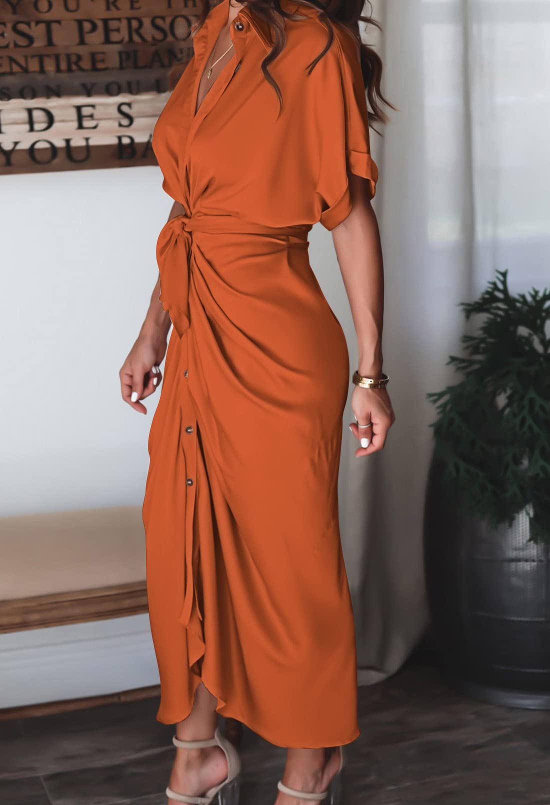 Linsery Women's Elegant Button Down Ruched Wrap Maxi Dress with Belt - Stylish Office Wear, Casual Outfit & Special Occasion Dress for Women