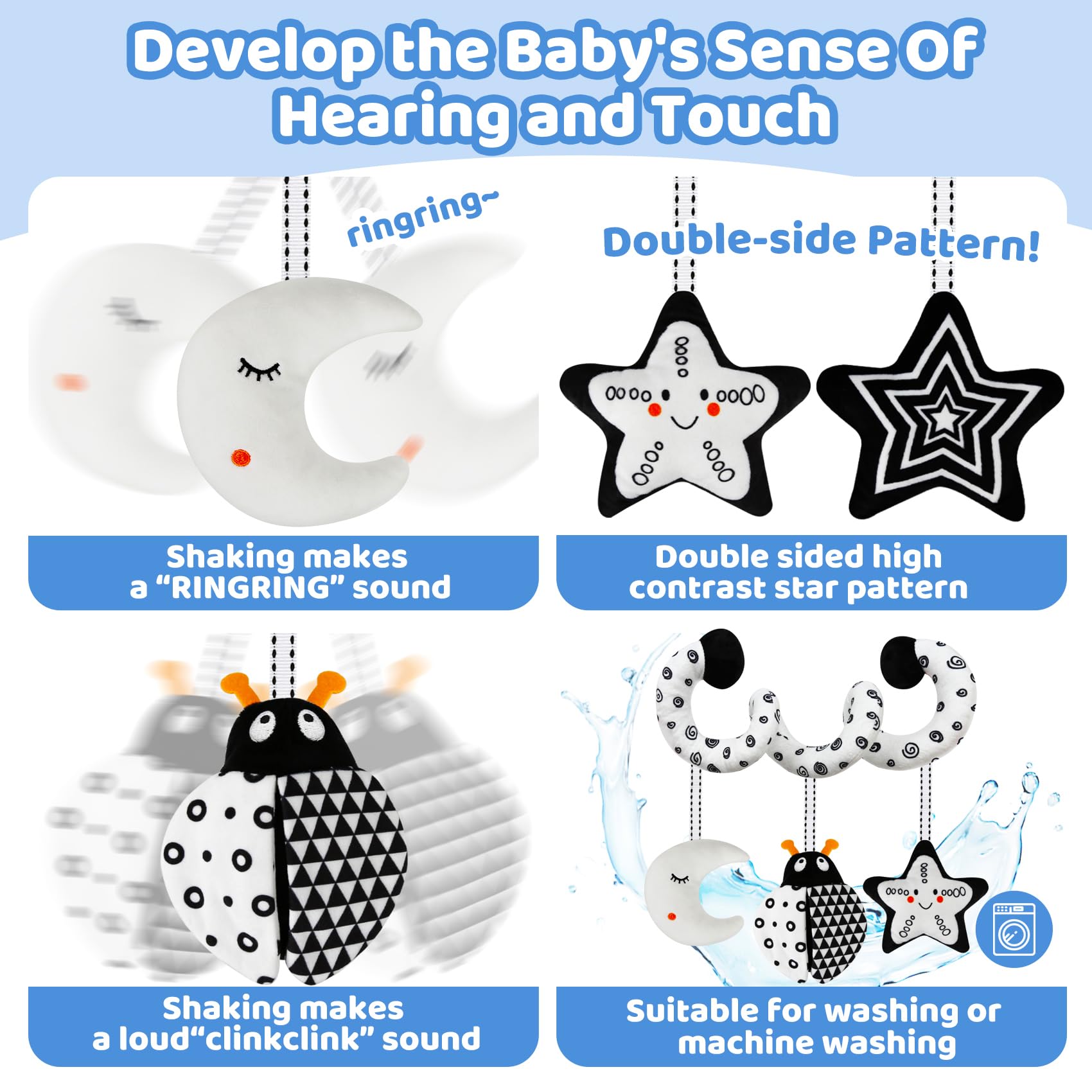 High Contrast Black and White Baby Toys for Newborns 0-6 Months - Sensory Development Hanging Car Seat & Stroller Toys | Perfect for Visual Stimulation, Easter Gifts, Baby Showers & Birthdays (Boys & Girls) | Great for Travel, Stroller Rides & Tummy Time Play