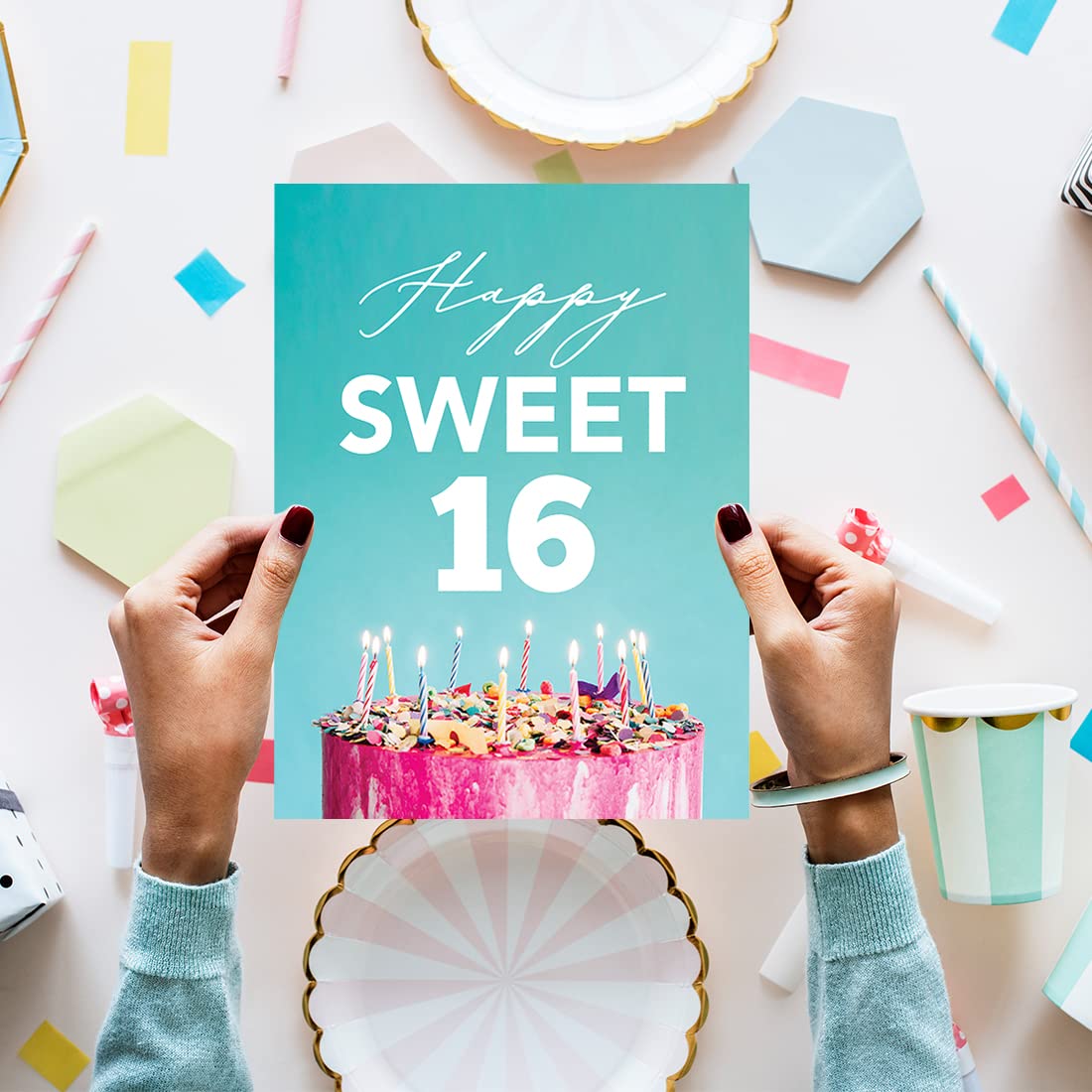 Jumbo Happy Birthday Card for Sweet 16 - 8.5x11 Inch Blank Greeting Card with Envelope - Birthday Card for Girls, Daughter, Granddaughter - Sixteen Birthday Cake Design - 1-Pack - Perfect for Milestone Celebrations & Special Wishes