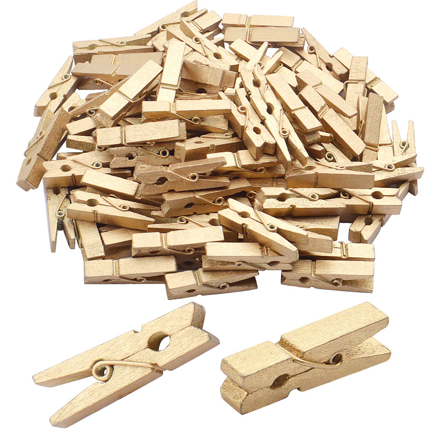 BronaGrand 100pcs Mini Gold Wooden Paper Clips - Multipurpose Photo Clips, Clothespins & Office Supplies for Scrapbooking, DIY Crafts & Home Organization
