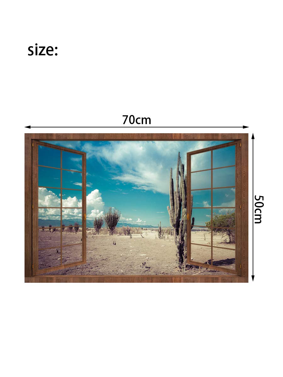 DNVEN 28x20 Inches 3D Fake Wood Window Decal - Cactus Desert Oasis HD Faux Window Frame Vinyl Wall Sticker for Bedroom, Living Room & Playroom Decor | Perfect for Home, Office & Nursery Wall Art