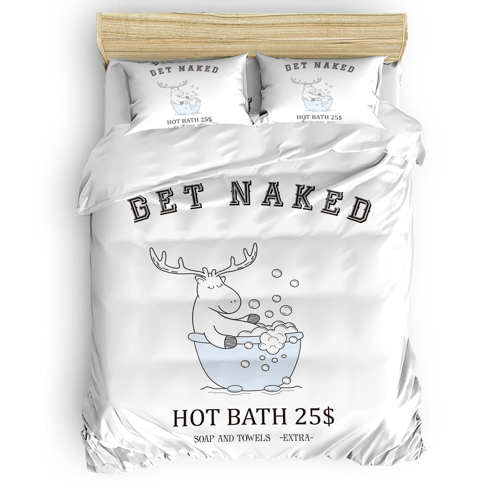 Cartoon Deer Duvet Cover Set - 4 Piece Queen Size Bedding Set with Funny Quote, White Comforter Cover, Fitted Sheets & Pillowcases - Perfect for Kids' Rooms, Teen Bedrooms & Cozy Home Decor