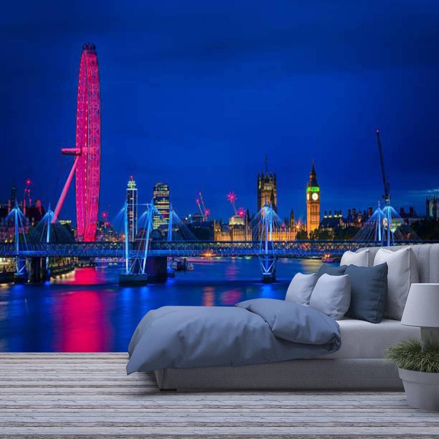 3D Removable Wallpaper - Self-Adhesive London Cityscape with River Thames & Big Ben at Dusk | Peel and Stick Wall Mural for Living Room, Bedroom, Office & Nursery Decor | Easy DIY Home Renovation
