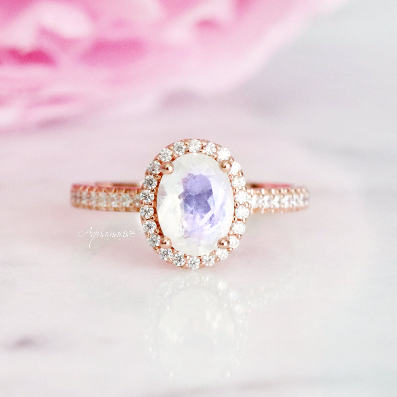 14K Rose Gold Vermeil Iris Rainbow Moonstone Ring - Elegant Jewelry for Women, Perfect for Weddings, Parties & Gifts