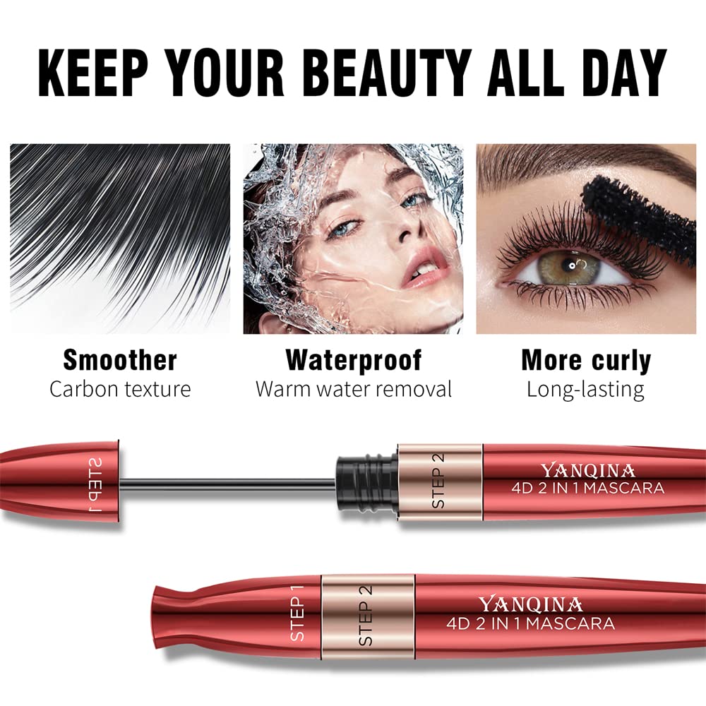 DSQXLW 4D Silk Fiber Lash Mascara - 2 in 1 Waterproof Mascara for Lengthening & Voluminous Lashes, Smudge-Proof with Dual Brush Heads (Pack of 1) | Perfect for Daily Makeup, Party & Special Occasions