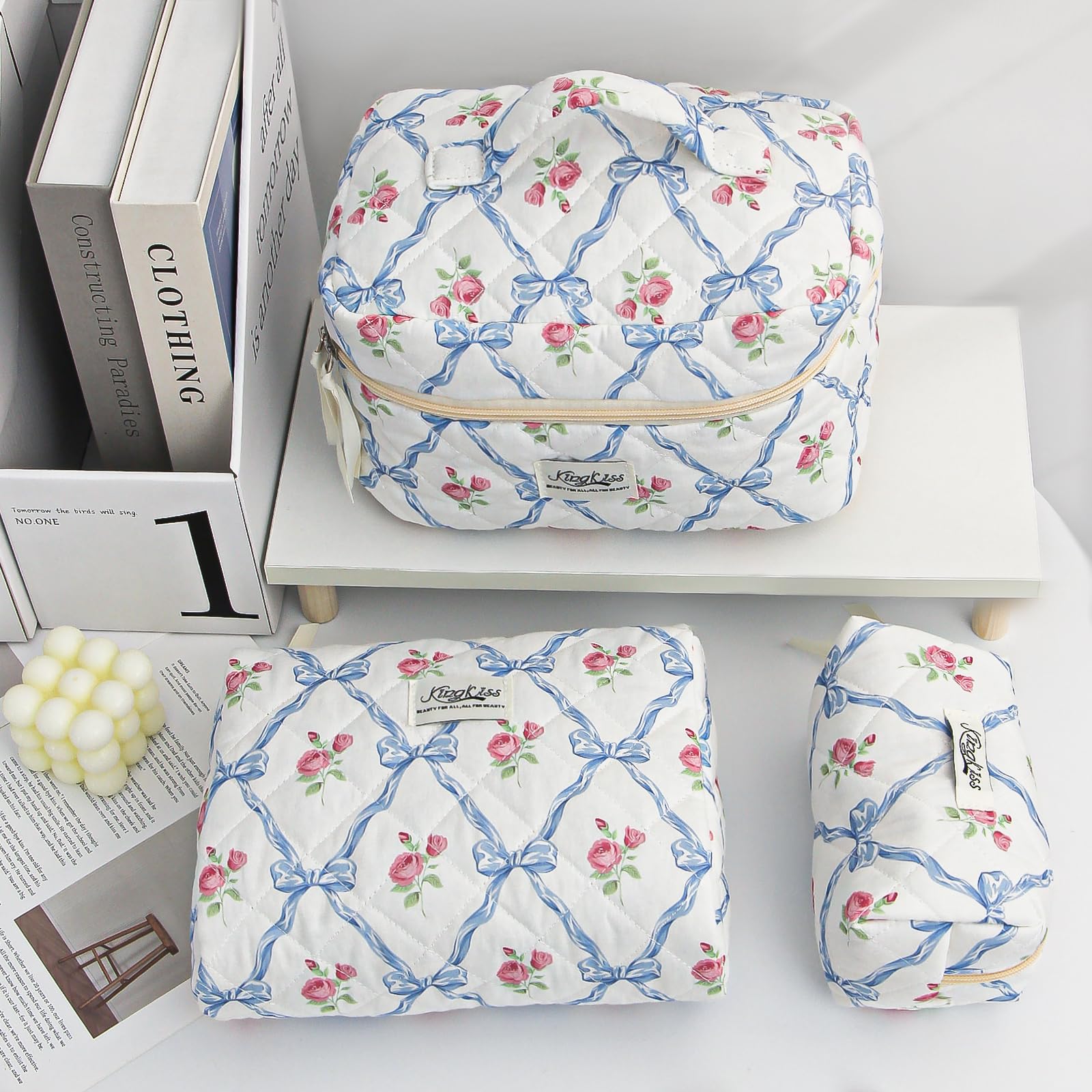 KingKiss 3-Piece Quilted Floral Makeup Bag Set - Large Capacity Travel Cosmetic Organizer for Women & Girls (Blue) | Perfect for Travel, Gym, Daily Use & Gift Giving