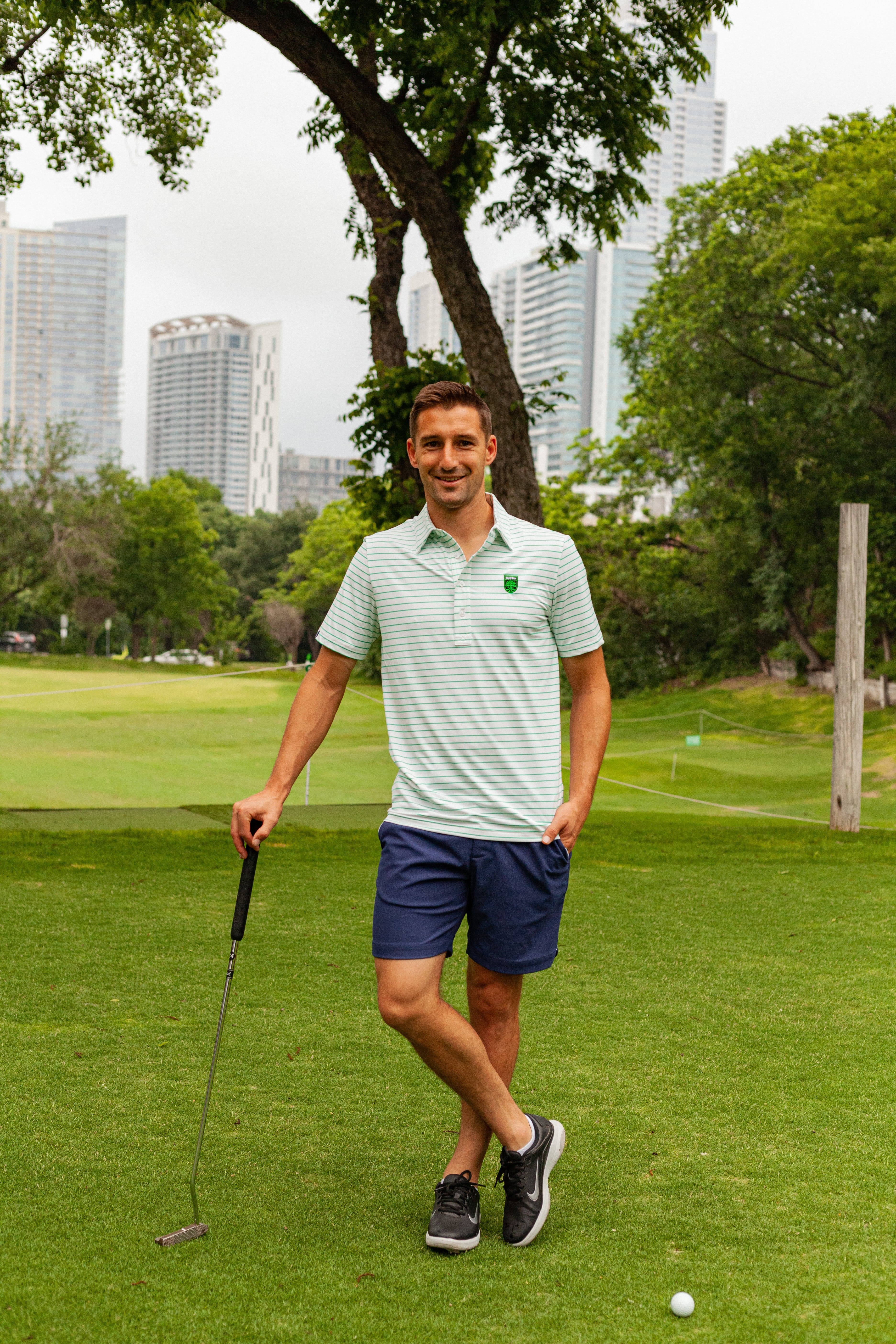 Austin FC Performance Sport Polo with Badge - White and Verde Stripe Soccer Jersey for Men | Game Day, Training & Casual Wear