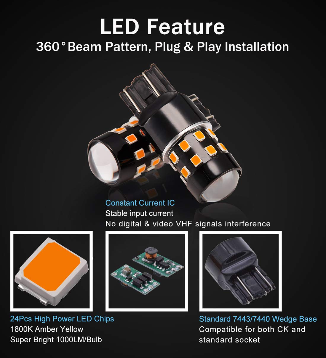 4-Pack Super Bright 7443 7440 992 T20 7444NA LED Bulbs - Amber Yellow 9-30V Non-Polarity 24-SMD LED Chipsets with Projector for Turn Signal & Side Marker Lights - Perfect for Cars, Trucks, SUVs & Motorcycles
