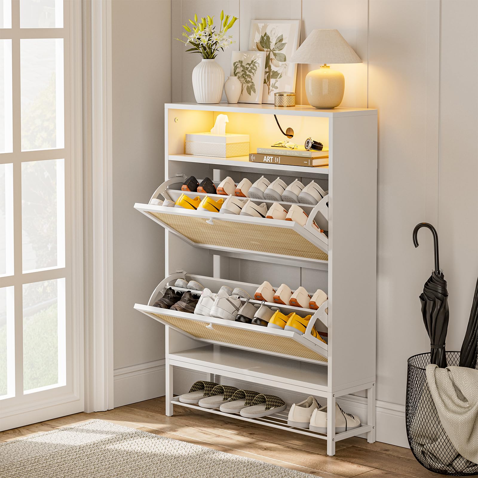IKIFLY White Rattan Shoe Cabinet with LED Light - 2 Flip Drawers & Open Shelves Narrow Shoe Storage Organizer with Metal Legs for Entryway, Living Room, Apartment - Perfect for Small Spaces & Home Decor