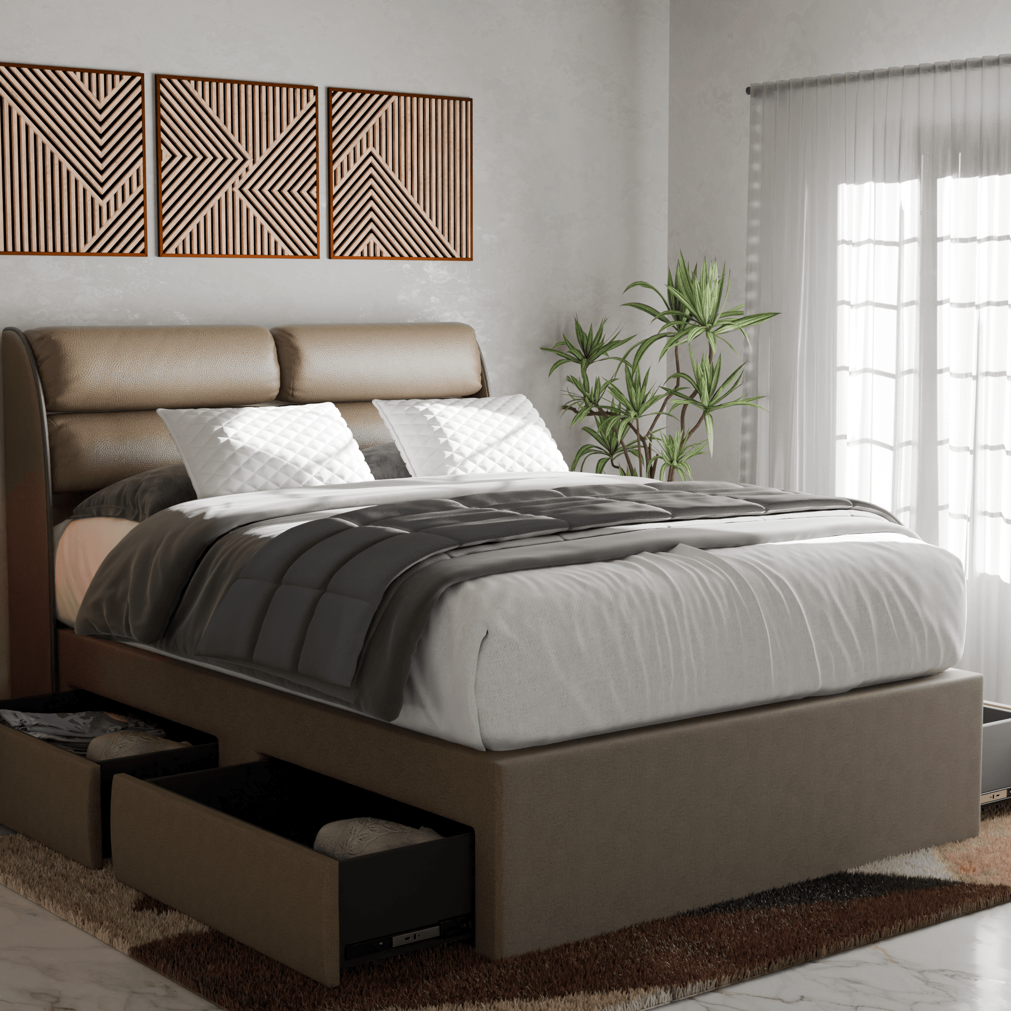 Fobbee Faux Leather Drawer Storage Bed Frame with Underbed Storage - Queen Size Platform Bed for Small Spaces, Bedroom Furniture with Hidden Storage Drawers (Use in Apartments, Dorms, Guest Rooms)