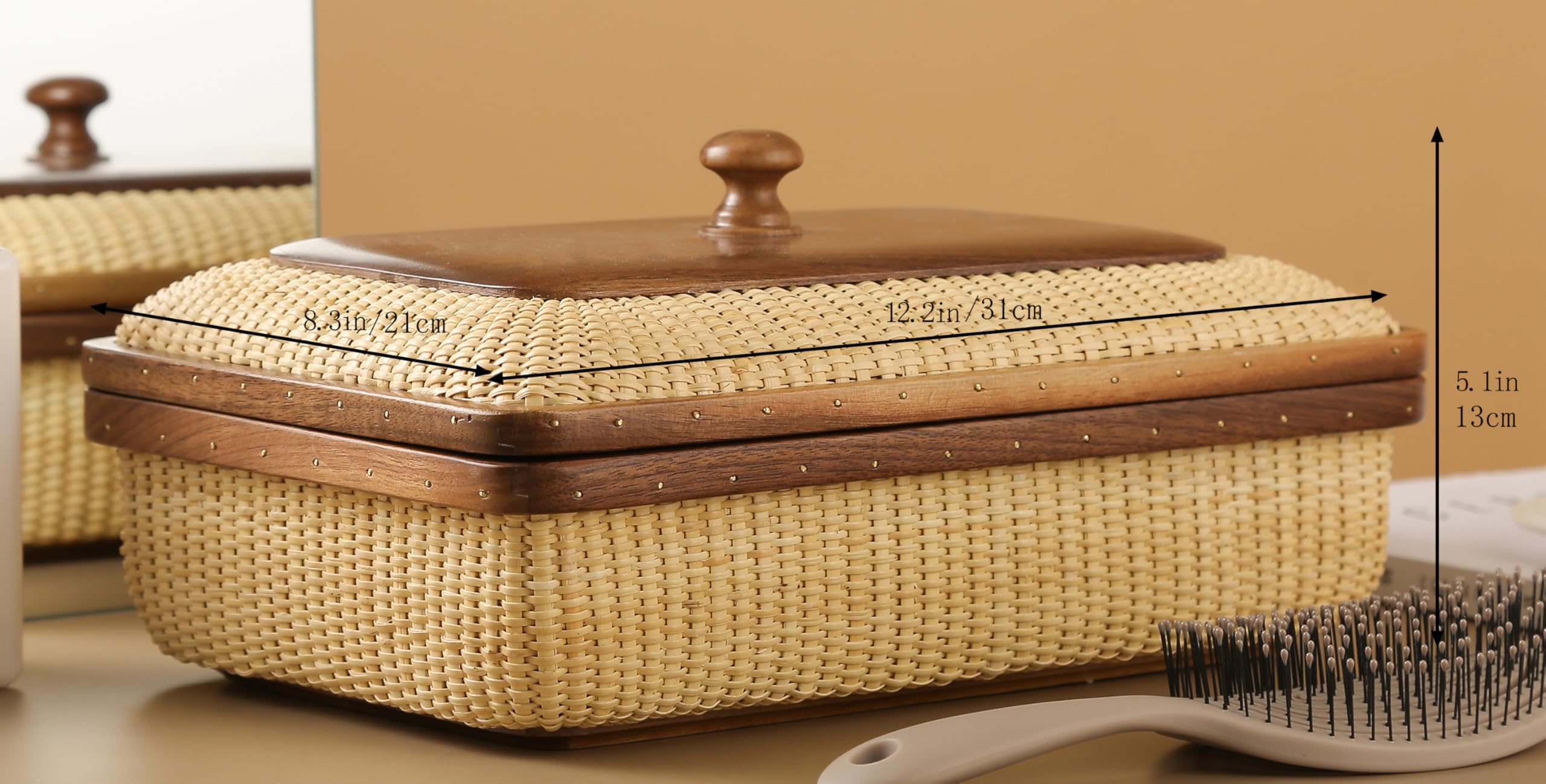 Modern Rattan and Solid Wood Storage Basket - Square Woven Jewelry Box, Fruit Basket for Living Room & Dining Table Decor | Home Organization & Stylish Storage Solution