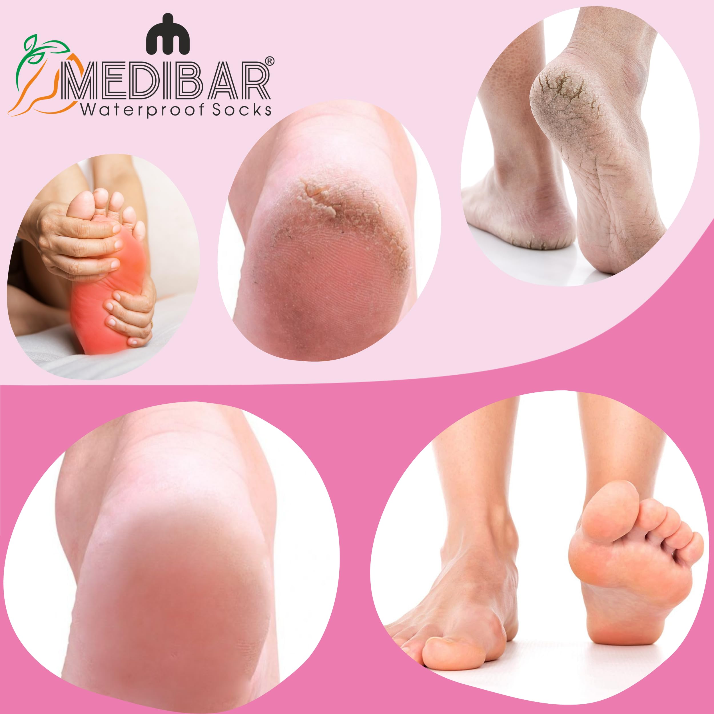 MEDIBAR Anti-Heel Full Length Waterproof Rubber Socks - Moisturizing Silicone Heel Pain Relief Socks for Men & Women (Size Medium 7-9) Pink - Ideal for Dry Cracked Heels, Diabetic Foot Care & Overnight Moisturizing Therapy