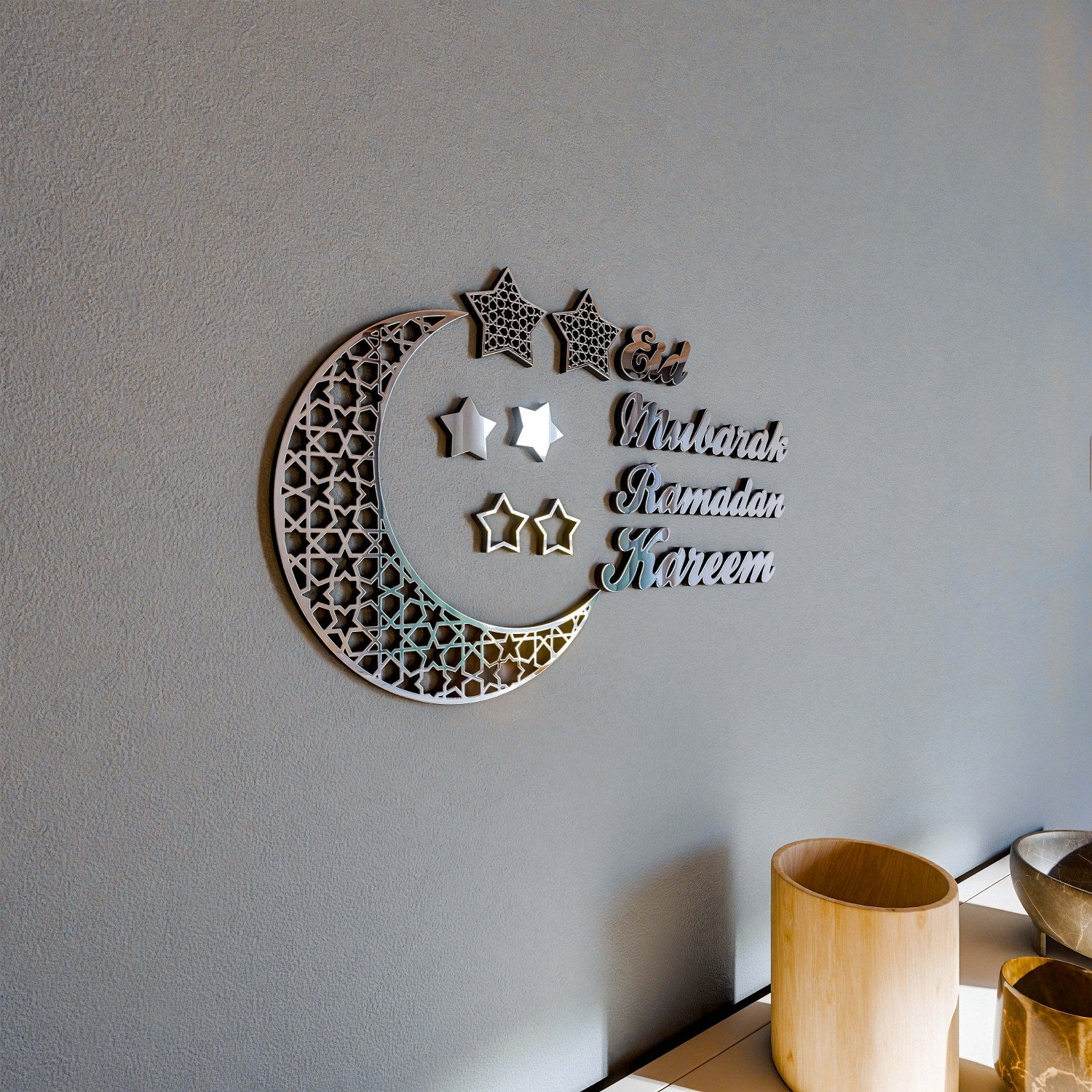 Ramadan Kareem Eid Mubarak Wooden Islamic Wall Art - Handcrafted Islamic Home Decor Gift for Muslim Families - Perfect for Ramadan Decorations & Eid Celebrations