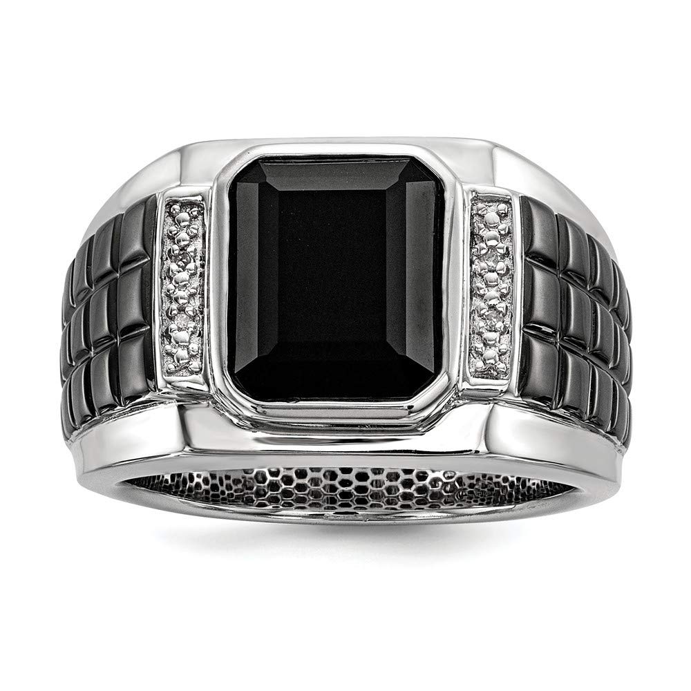 925 Sterling Silver Men's Ring with Diamond & Simulated Onyx - Black Rhodium Plated Square Bezel Design - Size 9 10 11 - Perfect for Weddings, Anniversaries & Gifts