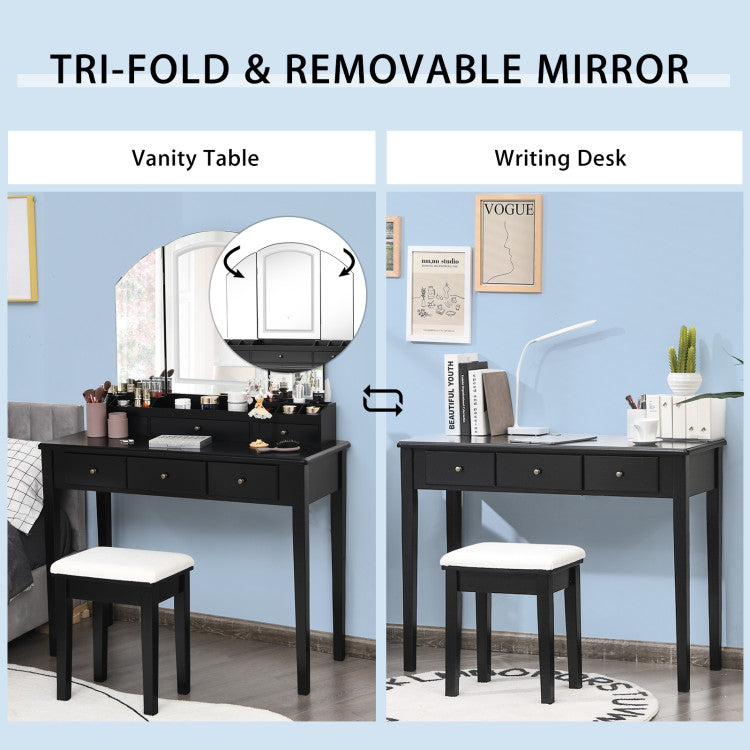 Costway Vanity Table Stool Set with Large Tri-Folding Lighted Mirror & Ample Storage | Makeup Dressing Table with Stool for Bedroom, Bathroom & Salon | Perfect for Makeup Application, Hair Styling & Beauty Routine