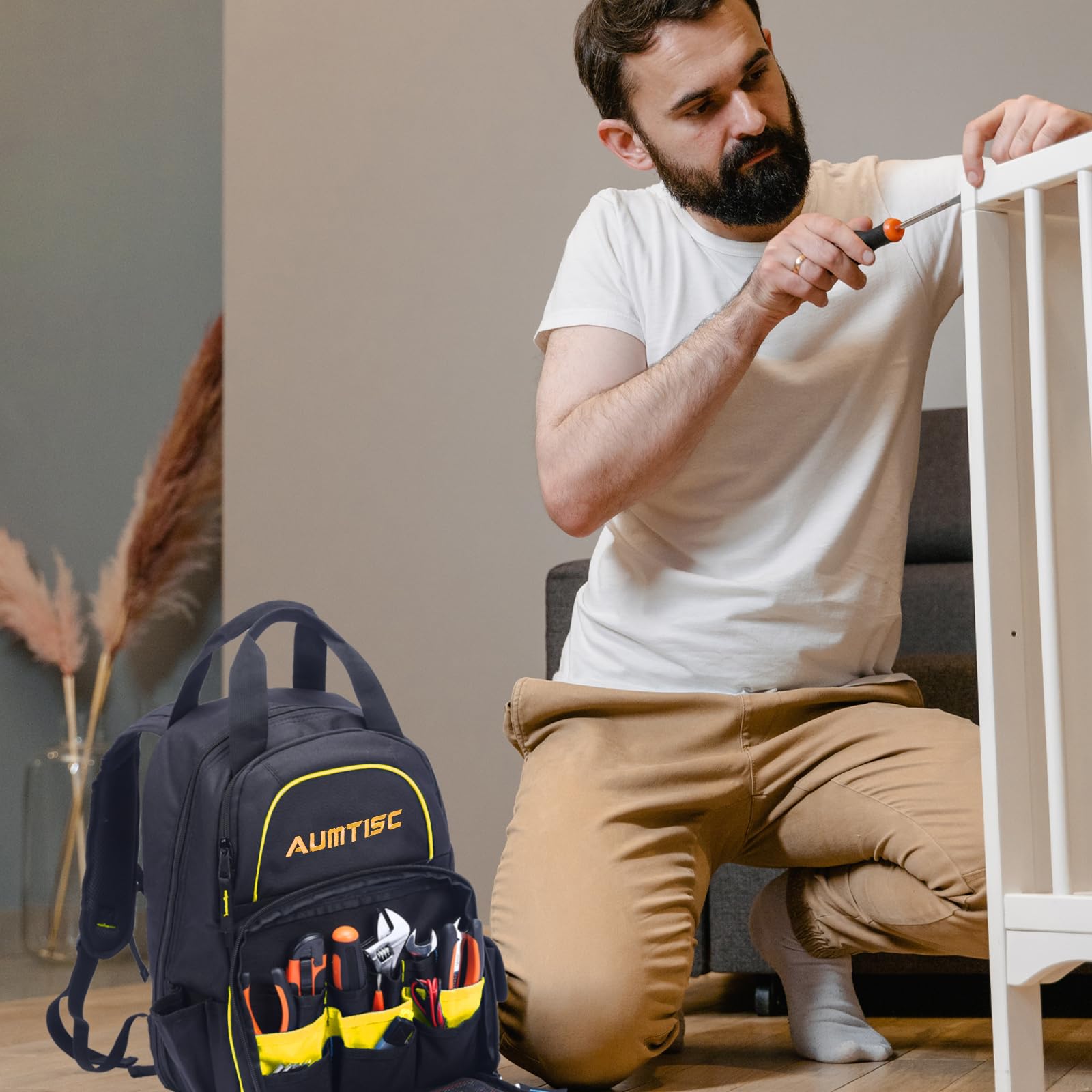 Heavy-Duty Tool Backpack for Men - AUMTISC Construction Work Bag with Multiple Pockets for Electricians, HVAC Techs & Repairmen | Durable Yellow Tool Storage Organizer | Perfect for Job Sites, Industrial Work & Home Repairs