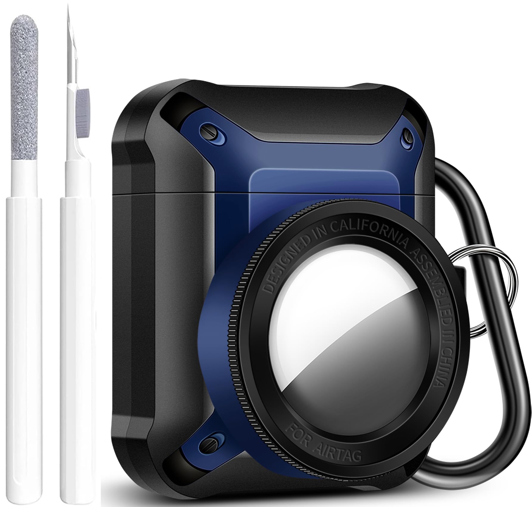 Military Shockproof AirPods Case with Camera Design & Keychain - Compatible with AirPods 1/2 & AirTags - Protective Armor Cover (Black/Blue) - Perfect for Travel, Gym & Outdoor Adventures