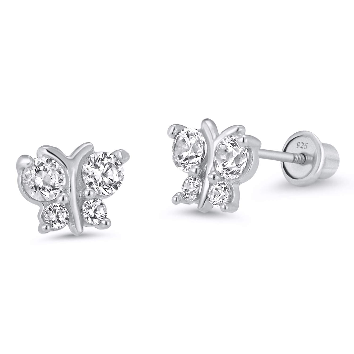 925 Sterling Silver Rhodium Plated Butterfly Cubic Zirconia Stud Earrings for Girls - Screw Back Earrings for Kids, Teens & Women - Perfect for Birthday Gifts, Party Wear & Everyday Fashion Jewelry