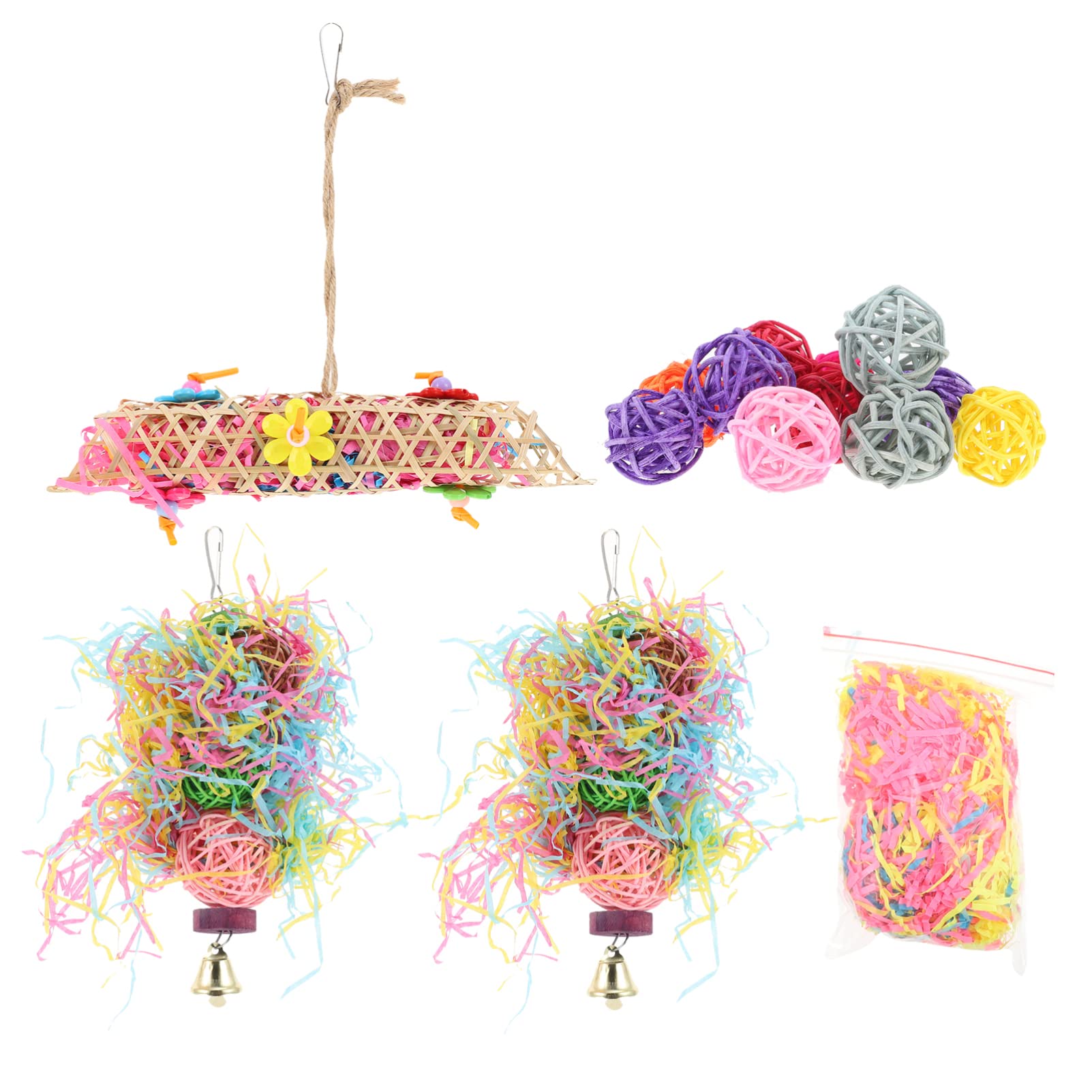Balacoo 5pcs Bird Chewing Toys - Natural Rattan Perch for Parrot, Sparrow, Parakeet, Canary & Cockatiel - Colorful Cage Biting Toys for Mental Stimulation & Beak Health | Perfect for Small Birds Playtime & Cage Enrichment