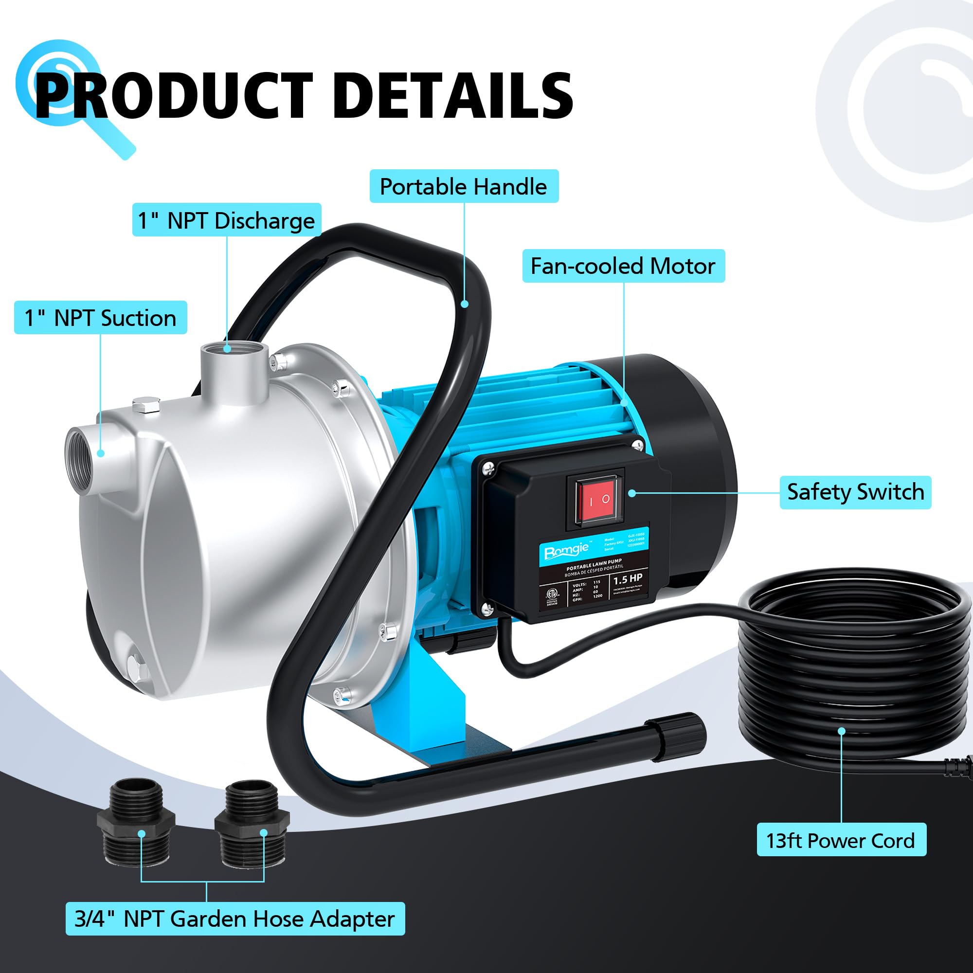 1.5HP 1200GPH Portable Water Transfer Pump - Shallow Well Jet Pump with 13FT Power Cord for Lawn Irrigation, Pool Draining, Fountain & Sprinkler Boosting | Self Priming Utility Pump for Home, Farm & Garden Water Transfer