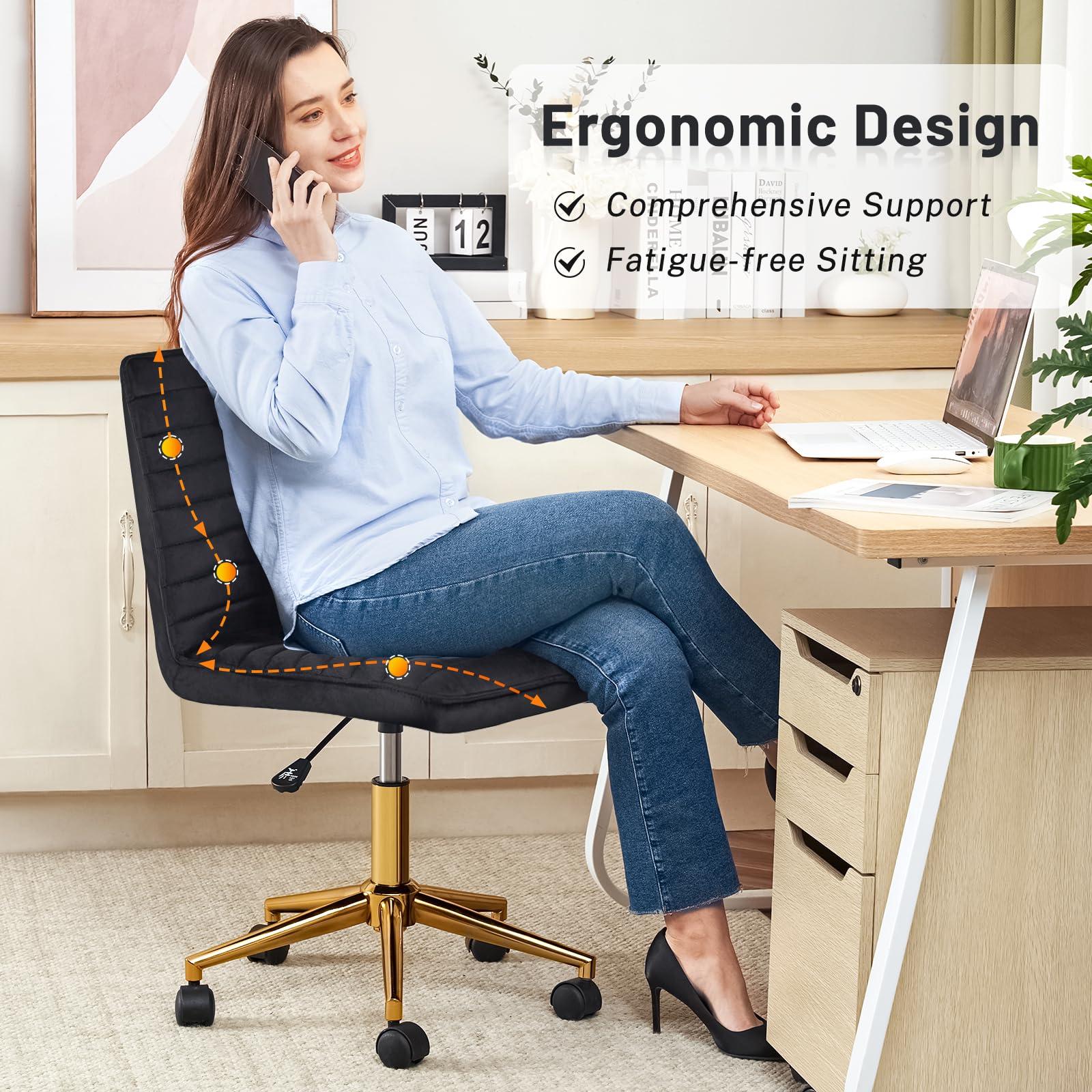 Furniliving Home Office Desk Chair - Armless Velvet Rolling Chair with Adjustable Height & Gold Metal Base, Black - Perfect for Computer Work, Vanity Desks & Small Spaces