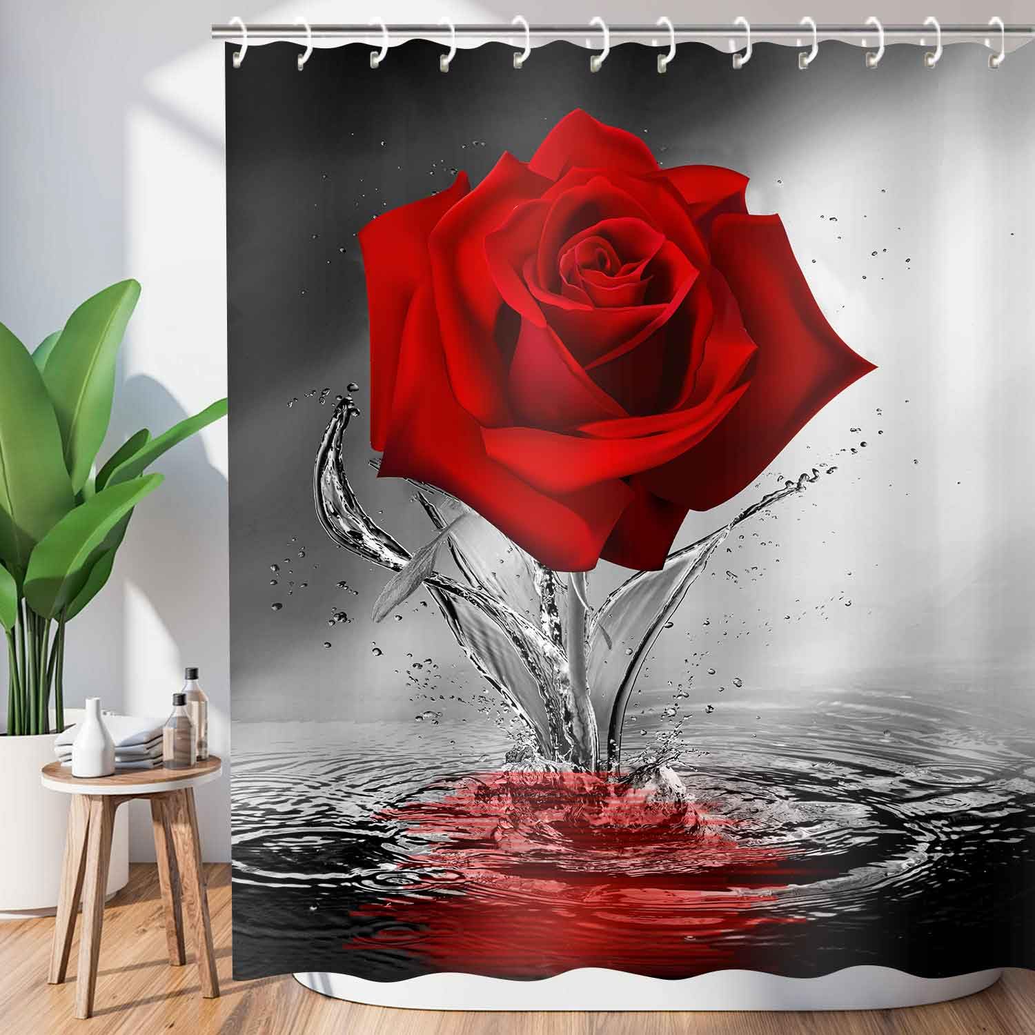 Romantic Red Rose Shower Curtain with Floral Blossom Design - Water Reflection Pattern Fabric Bath Curtain in Black & Red - Machine Washable 69x75 Inches for Bathroom Decor & Spa-Like Experience