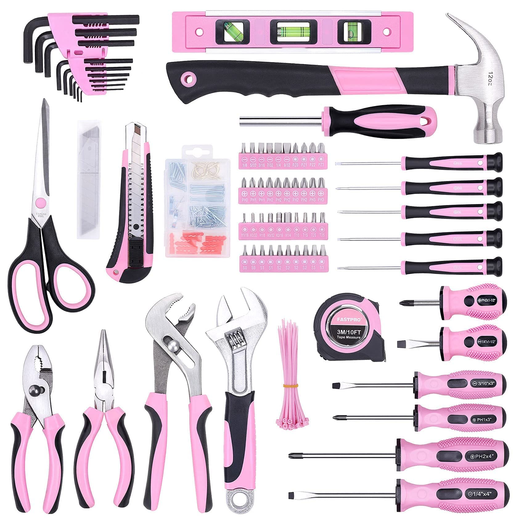 FASTPRO 220-Piece Pink Home Repair Tool Kit for Women - Includes 12V Cordless Lithium-Ion Drill Driver - Perfect for DIY Projects, Home Maintenance & Small Repairs