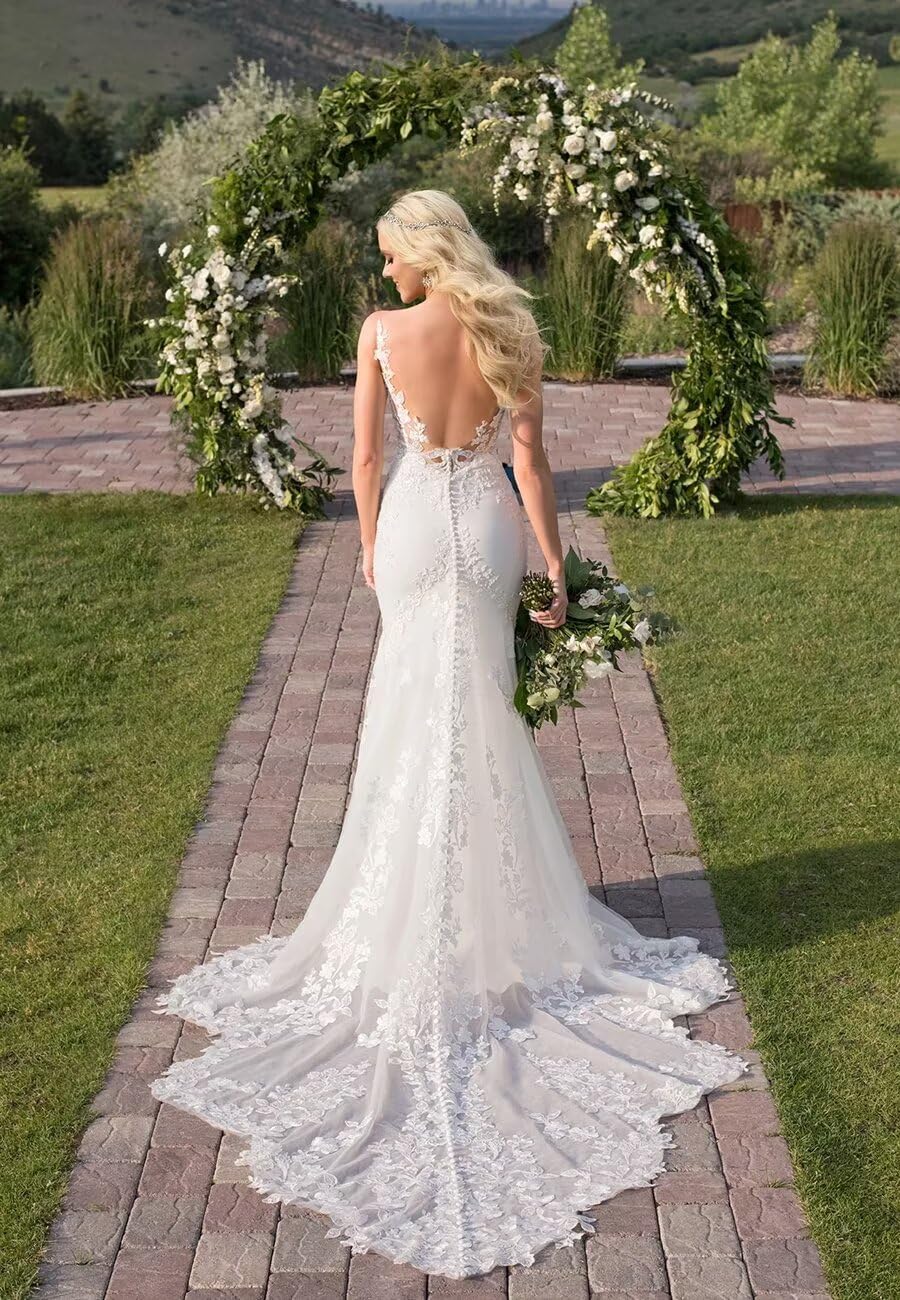 Mermaid Wedding Dresses 2024 | Lace Appliques Backless Beach Bridal Gown with Train | Summer Bride Beach Wedding, Destination Ceremony & Photoshoot