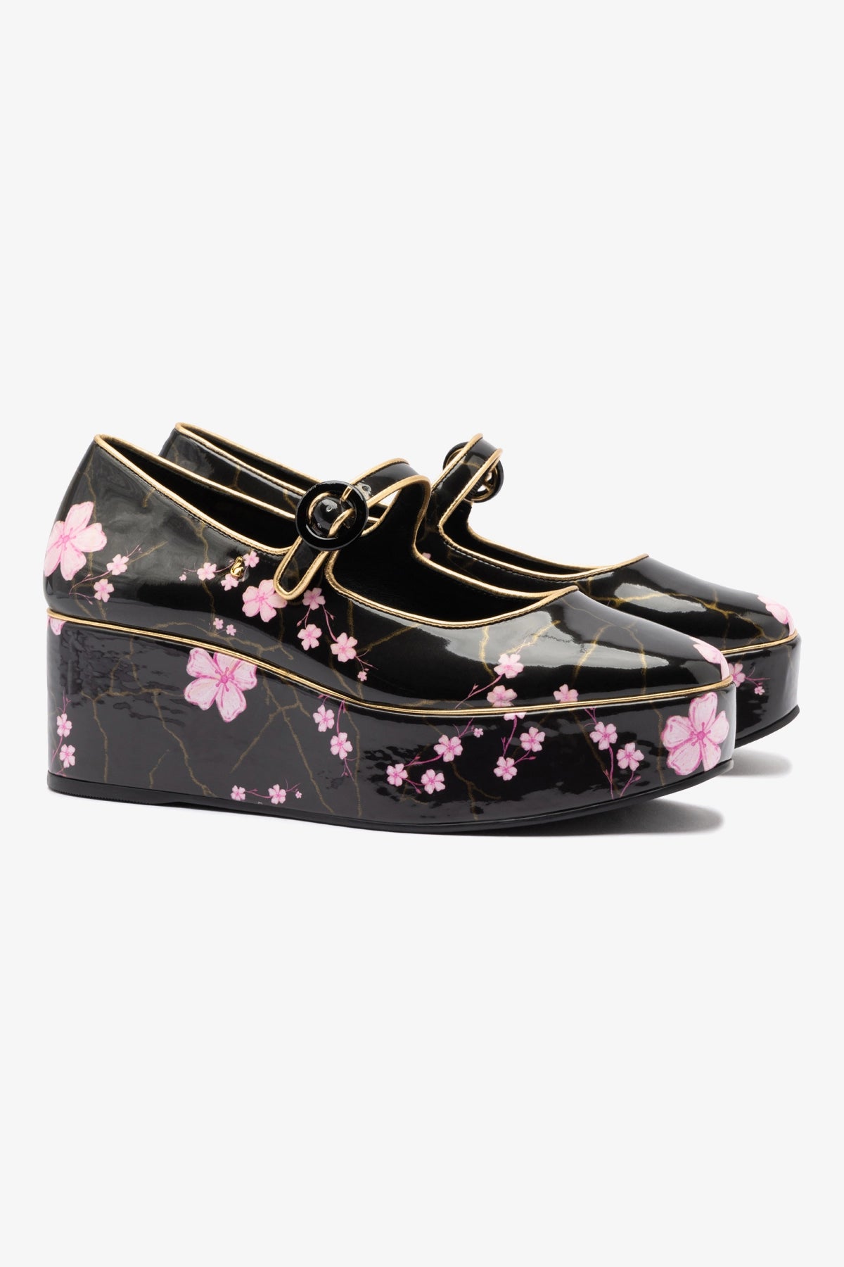 Blair Flatform Sandals - Black Sakura Printed Leather Shoes for Women | Comfortable & Stylish Summer Footwear for Casual Outings & Beach Vacations