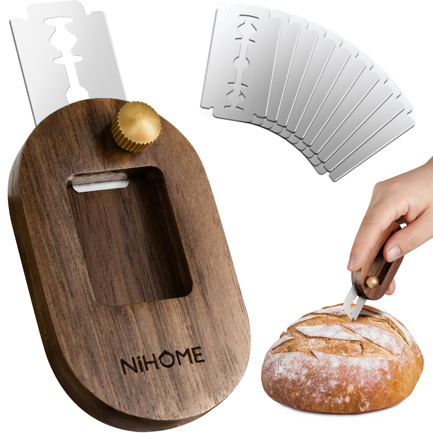 NiHome Bread Lame with Extendable Blade & Magnetic Back - Push-Pull Design for Secure Blade Locking - Walnut Wood Handle for Easy Scoring - Perfect for Sourdough, Baguettes, Pastries & Food Art - Ideal for Home Bakers & Professional Kitchens