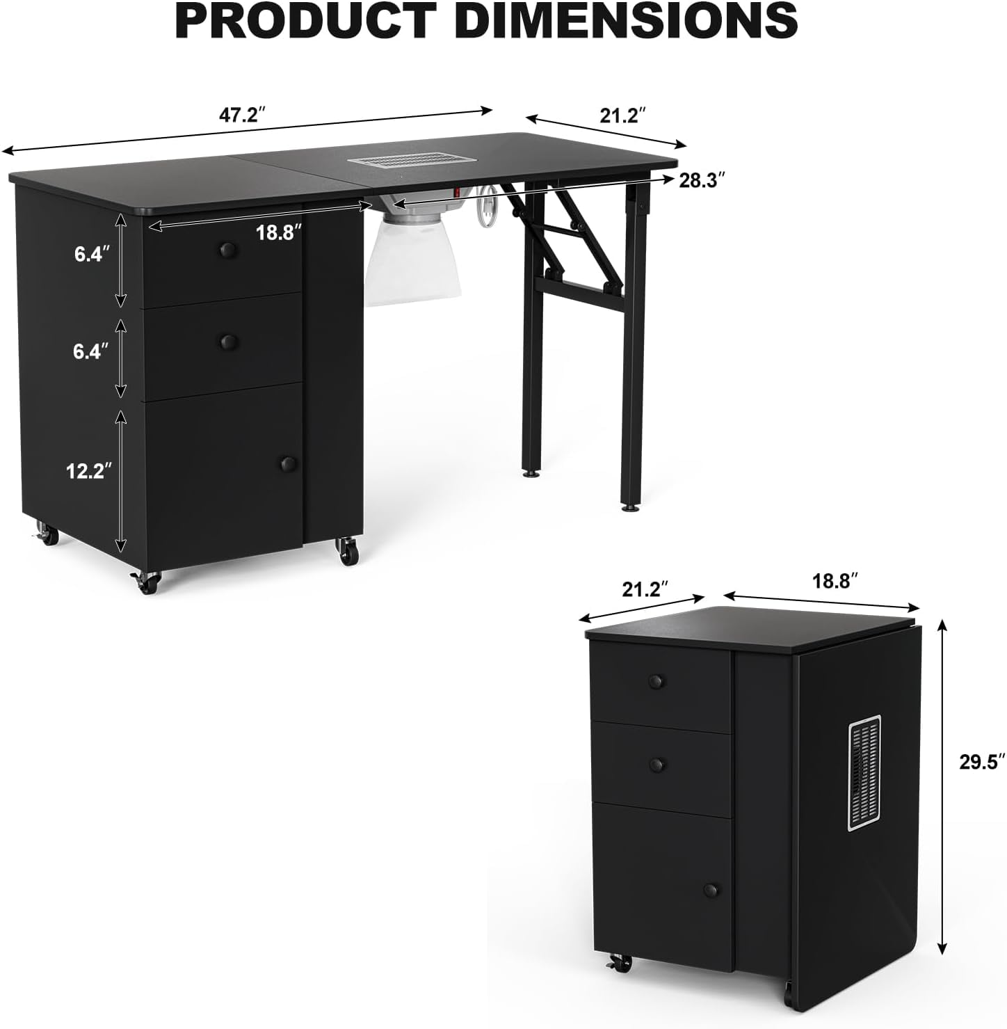 Foldable Manicure Table with Built-in Dust Collector - Adjustable Nail Desk with Wrist Pad & Lockable Wheels - Portable Nail Tech Station for Home Salon & Professional Use (Black)