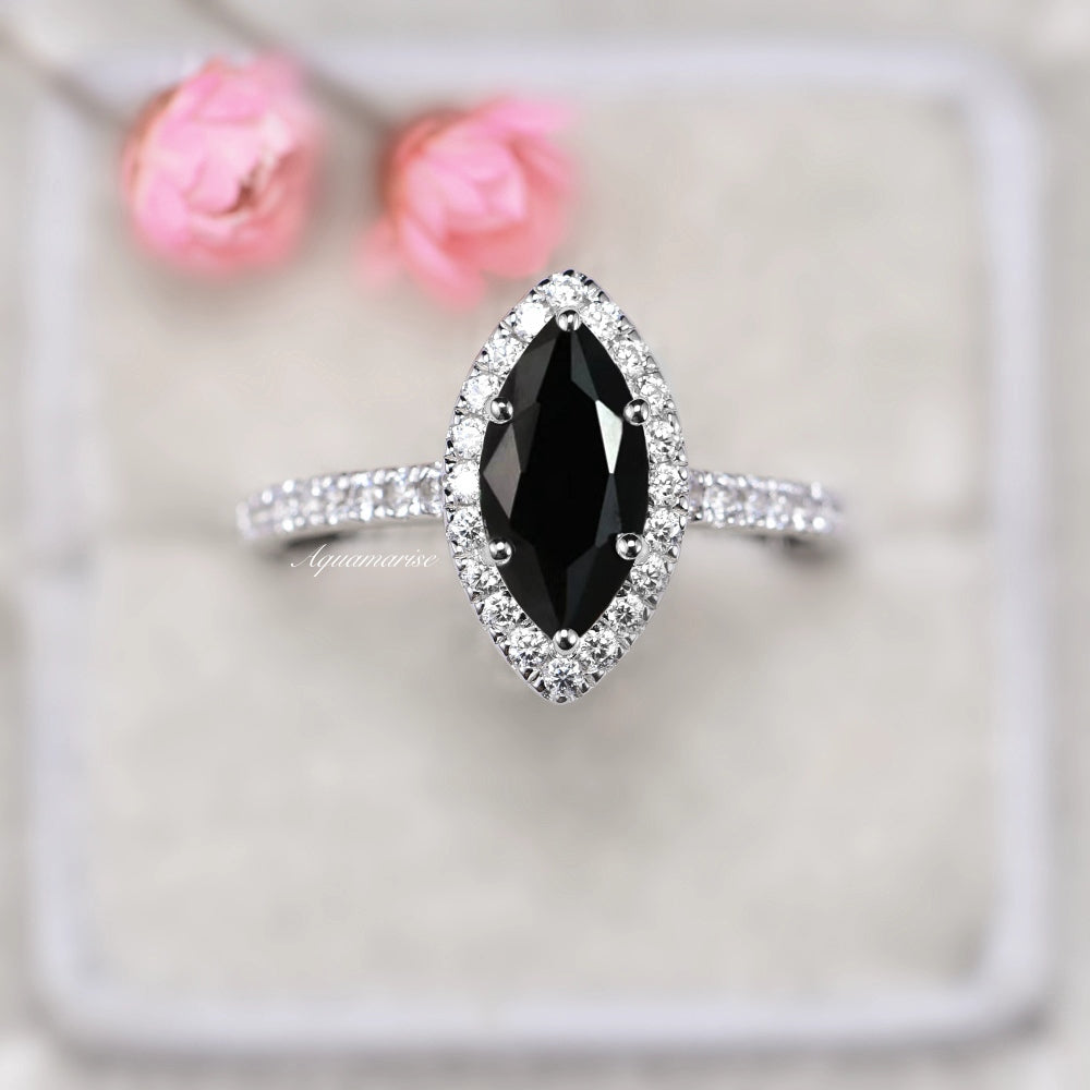 Valeria Marquise Black Diamond & Black Onyx Sterling Silver Ring for Women - Elegant Jewelry Gift for Anniversary, Wedding, or Special Occasions