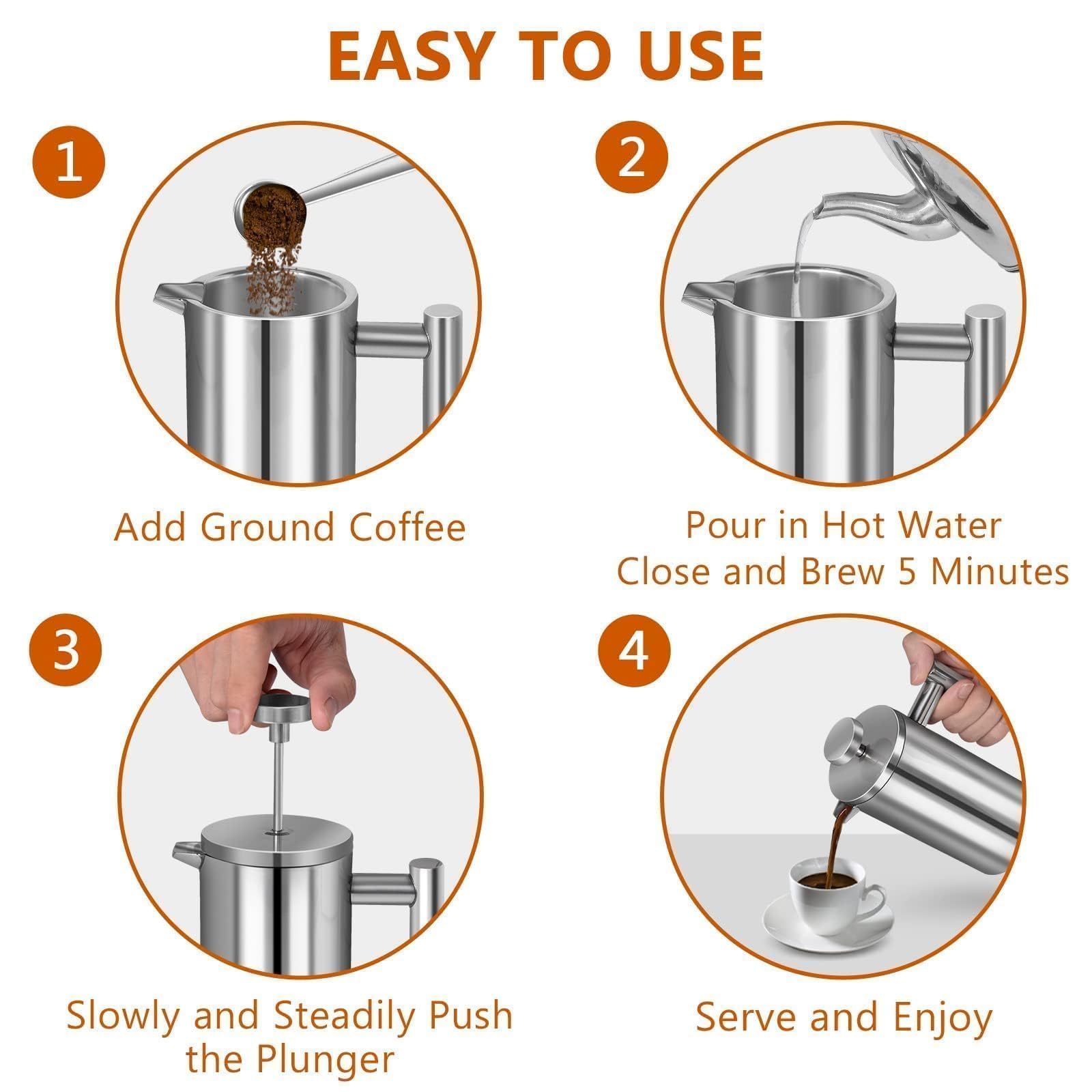 Premium 12oz Stainless Steel French Press Coffee Maker - Double Wall Insulated for Hot Coffee & Tea, Includes 3 Extra Filters + Spoon (Silver), Dishwasher Safe - Perfect for Home, Office, Camping & Travel