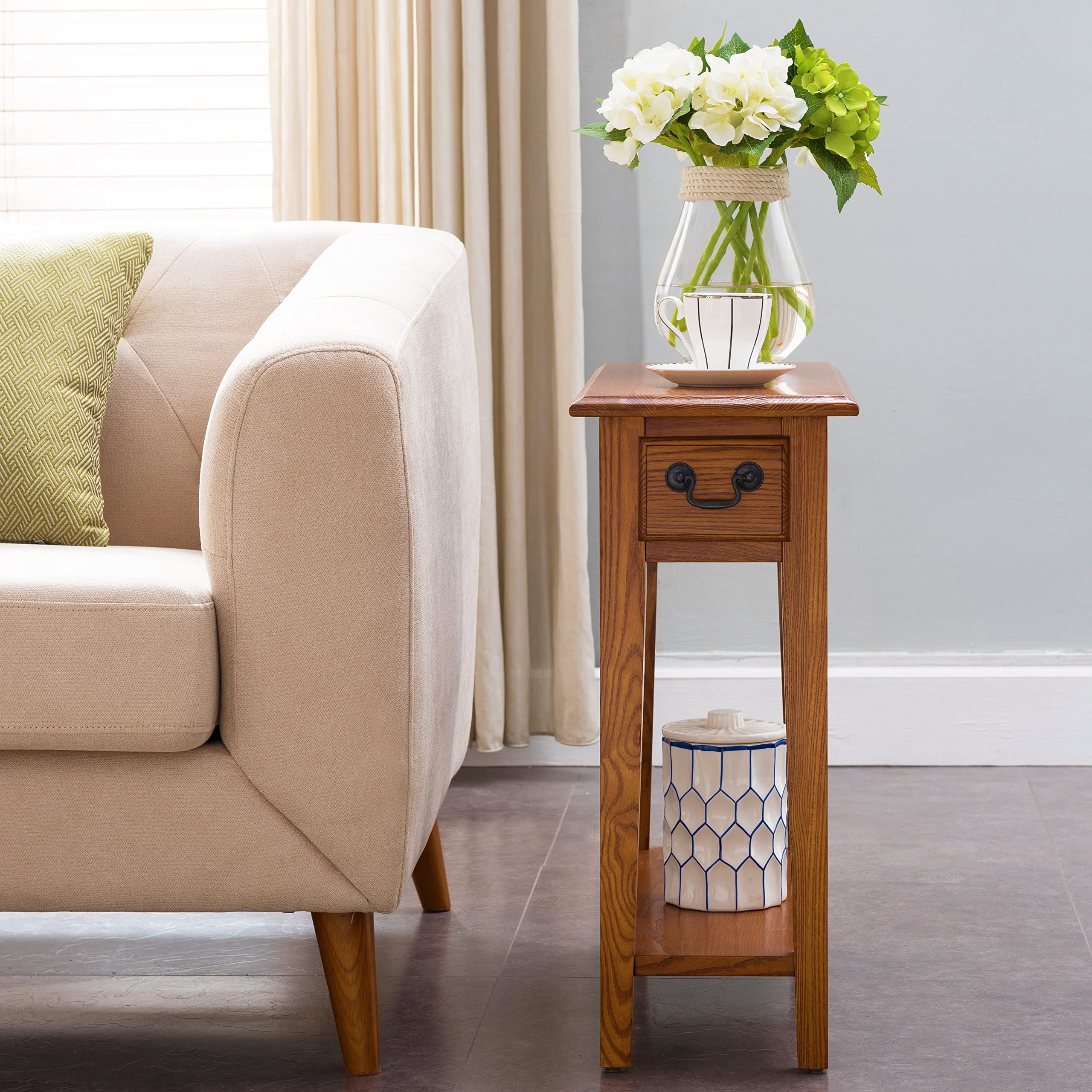 Leick Home 9017-MED Medium Oak Narrow Side Table with Drawer and Shelf - Perfect for Small Spaces, Bedroom Nightstand, Living Room End Table, or Entryway Console