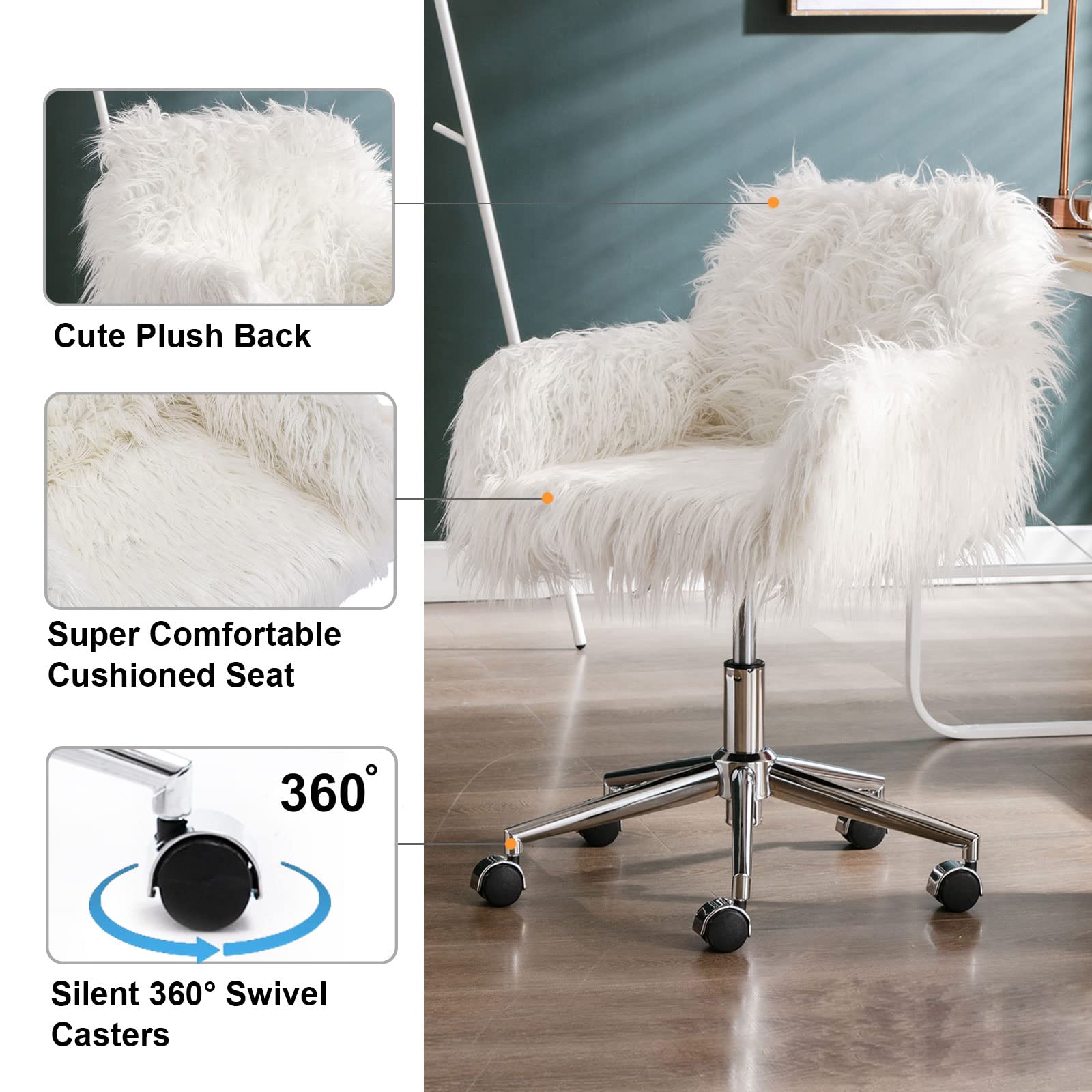 White Faux Fur Swivel Desk Chair with Wheels & Adjustable Height - Cute Vanity Chair for Home Office, Gaming, Study & Makeup Station - Chrome Base Accent Chair