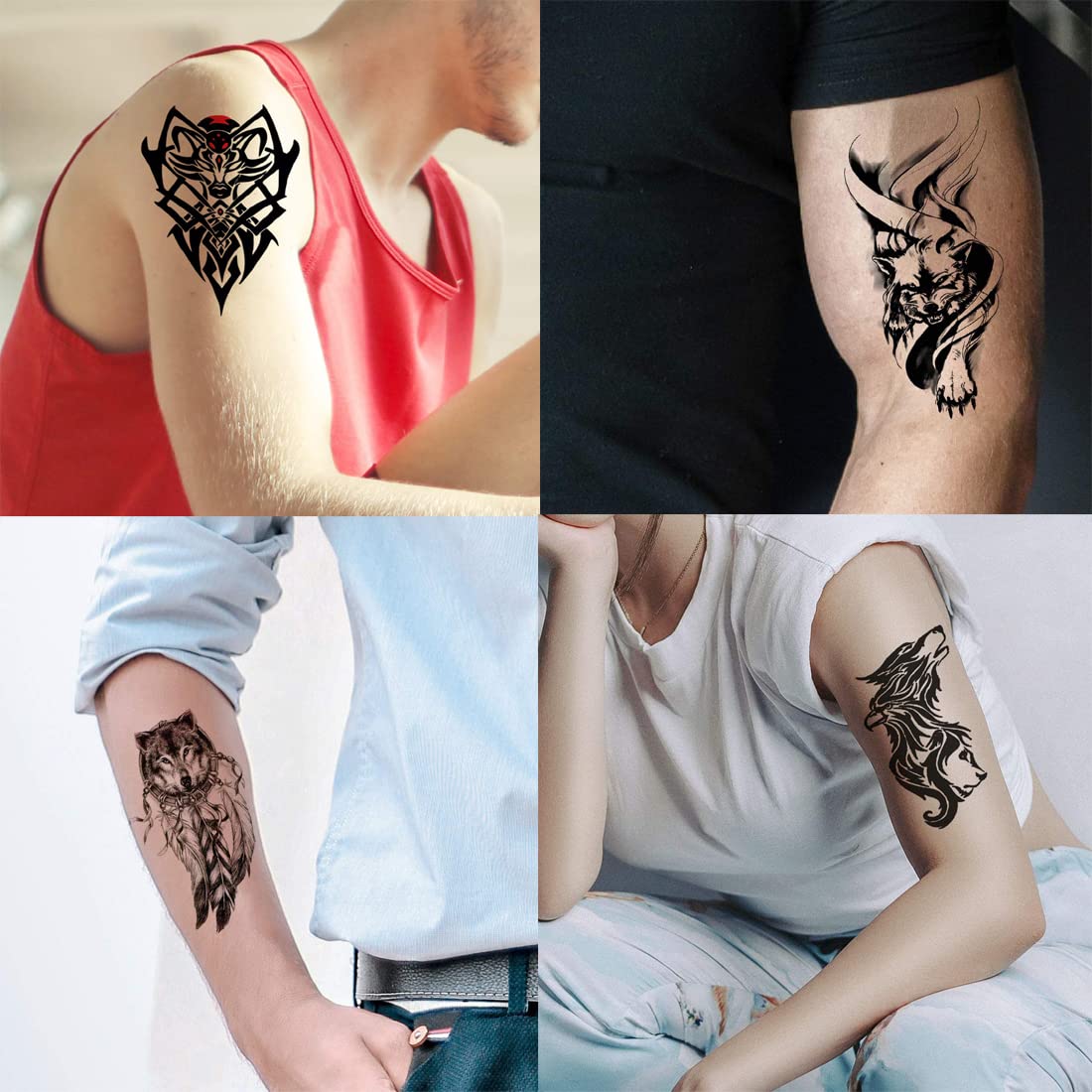 Wild Wolf Temporary Tattoos for Men & Women - Pack of 4 Realistic Tribal Design Body Art Stickers (2x4 Inch) - Perfect for Parties, Festivals & Costume Events