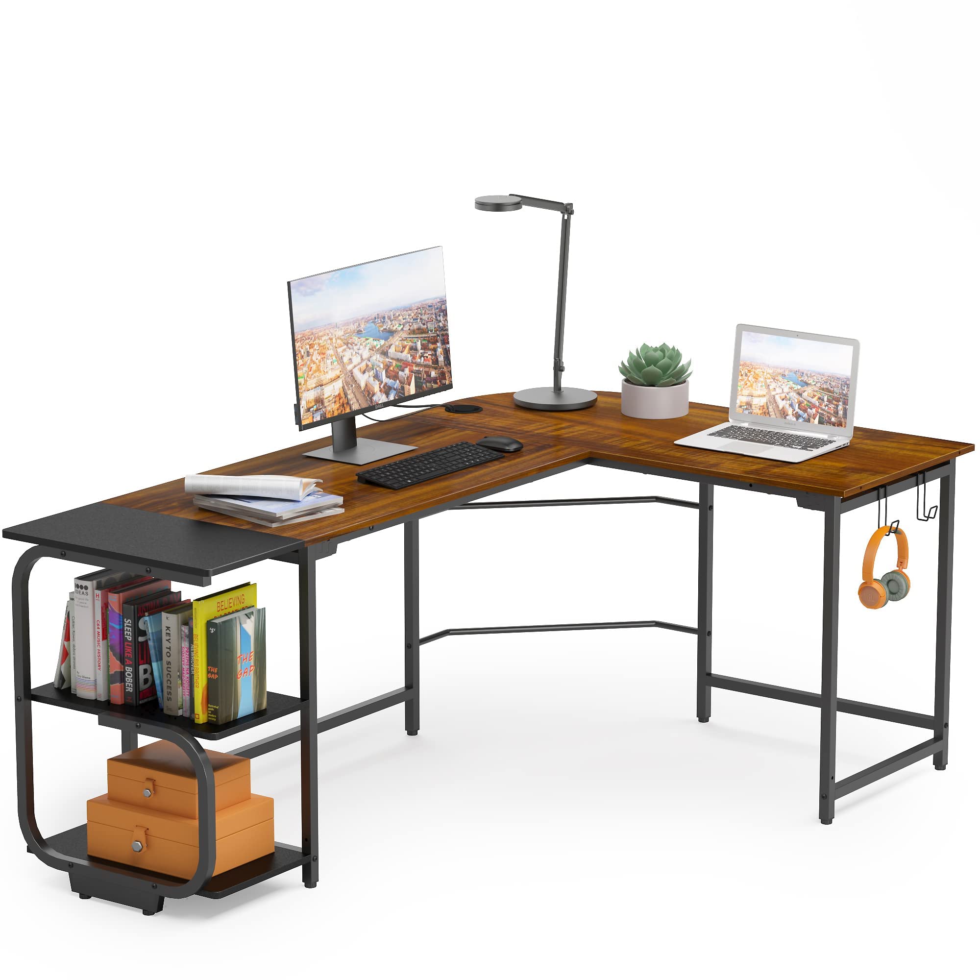 L Shaped Desk with Storage Shelves - Reversible Corner Computer Desk for Home Office & Gaming, Modern Ergonomic L-Shaped Workstation with Spacious Desktop in Teak Finish - Perfect for Small Spaces, Remote Work & PC Gaming Setups