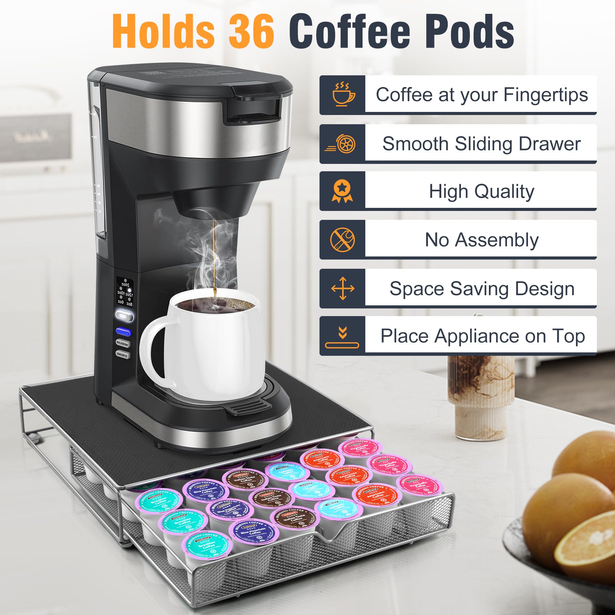 36-Cup Coffee Pod Drawer Organizer - Under Coffee Pot Storage for Home & Office