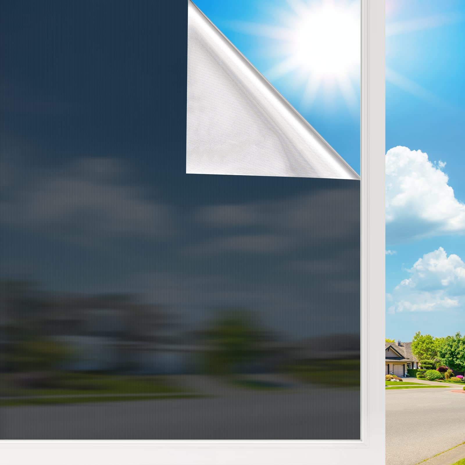 Sun Blocking Window Privacy Film - Day & Night Anti UV Heat Control Window Tint for Home - Mirror Reflective Static Cling Non-Adhesive Window Sticker (41.3