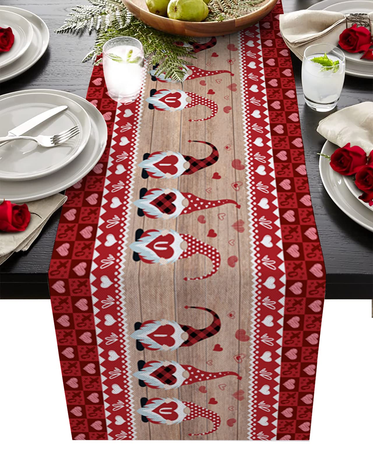 72 Inch Long Rustic Wood Table Runner with Valentine's Day Gnomes & Love Hearts - Perfect for Kitchen, Dining Table, Coffee Table Decor - Ideal for Parties, Home Decor, Holiday Celebrations (13x72 Inches)