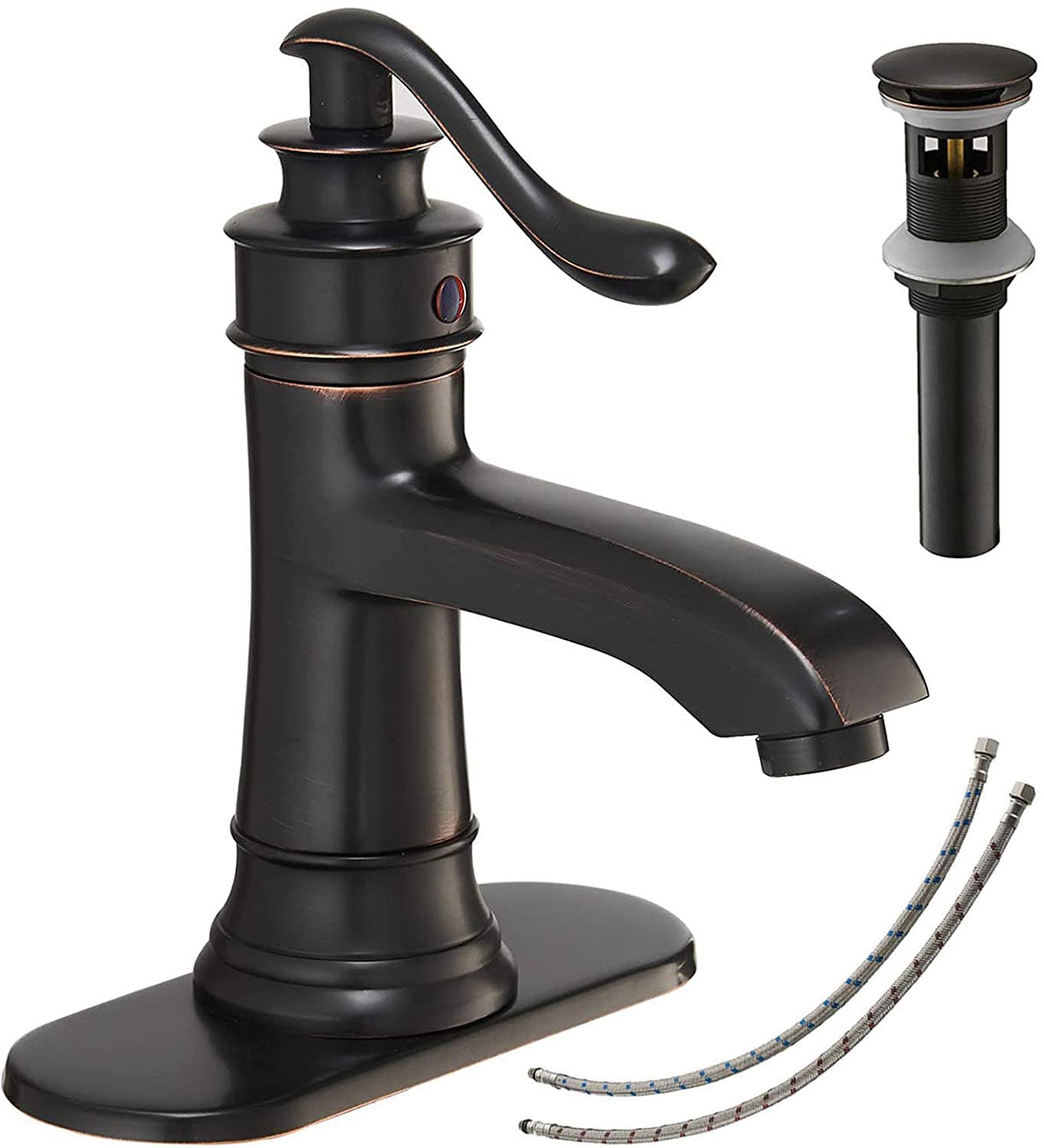 Oil Rubbed Bronze Single Handle Bathroom Faucet - Farmhouse Style Single Hole Sink Faucet with Pop-Up Drain & Supply Hose - Lead-Free for Vanity & Bathroom Sink - Perfect for Rustic, Vintage, or Modern Bathroom Decor