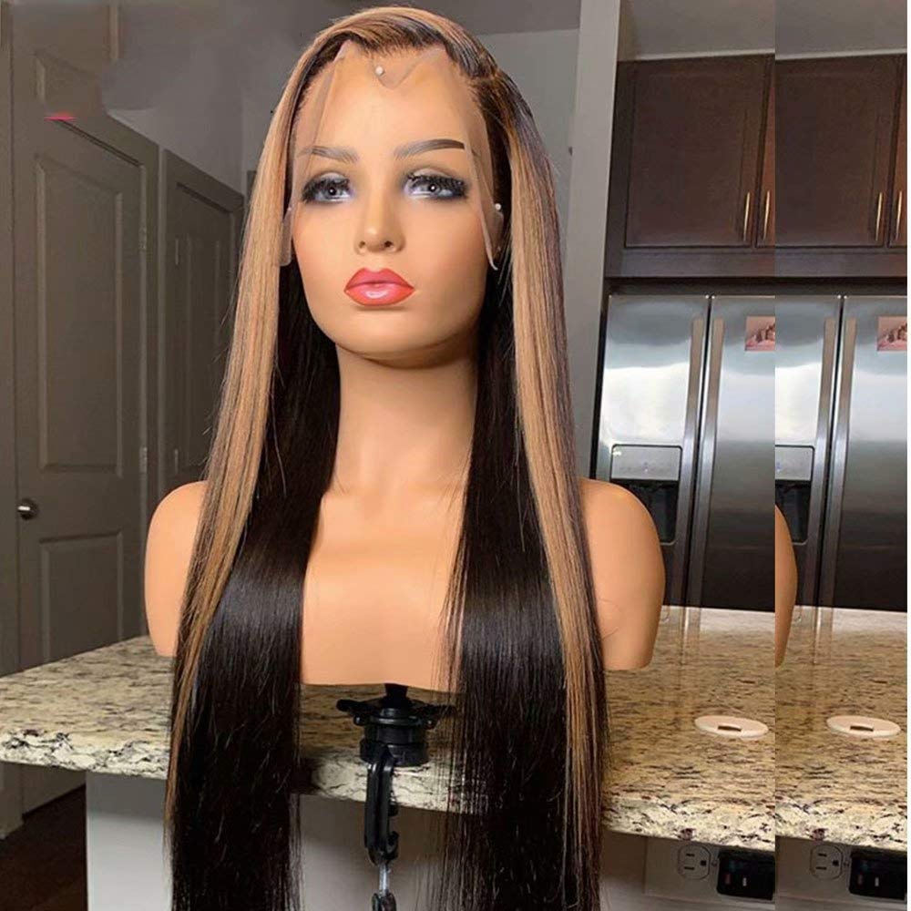 13x6 HD Transparent Lace Front Wig - Ombre Highlights Brazilian Virgin Human Hair | Pre-Plucked with Baby Hair & Bleached Knots | Straight Human Hair Wig for Women | Perfect for Daily Wear, Cosplay & Special Events