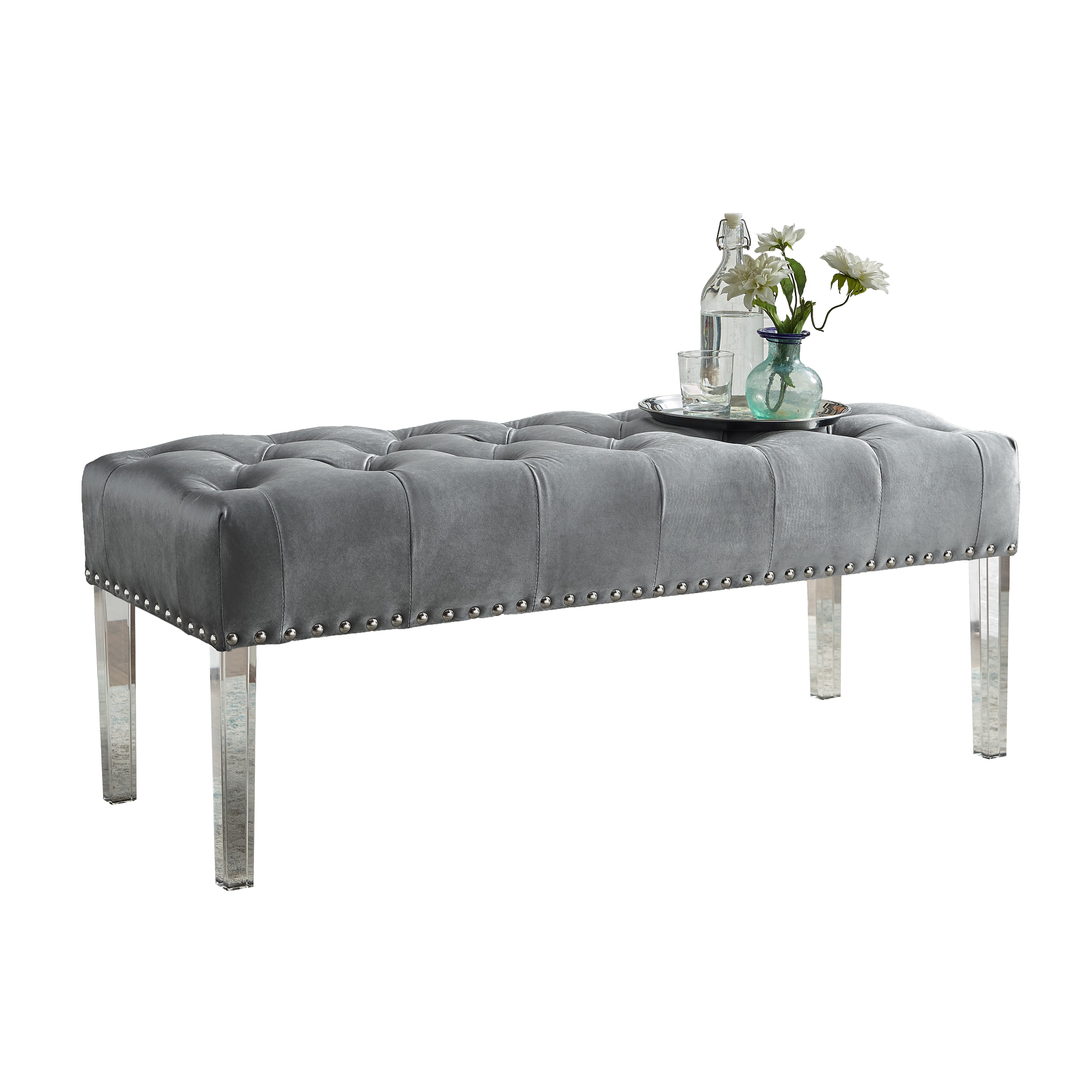 Roundhill Furniture Valley Button Tufted Velvet Upholstered Bench with Acrylic Legs - Gray Velvet Storage Ottoman for Bedroom, Living Room & Entryway