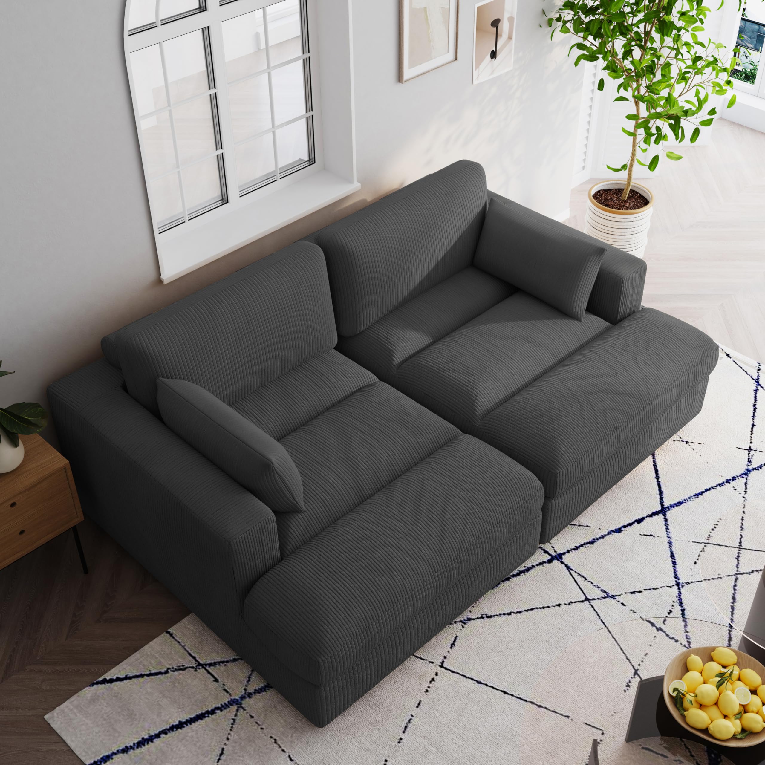 Oversized Corduroy Chaise Lounge Chair with Armrest & Throw Pillows - 2-Seater Grey Sofa for Bedroom, Living Room | Perfect for Relaxing, Reading & Lounging