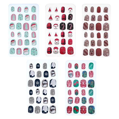 FRCOLOR 120Pcs Christmas Press On Nails for Kids - Cute Fake Nails with Full Cover Design, Holiday Nail Art Decorations for Parties, Gifts & Festive Celebrations
