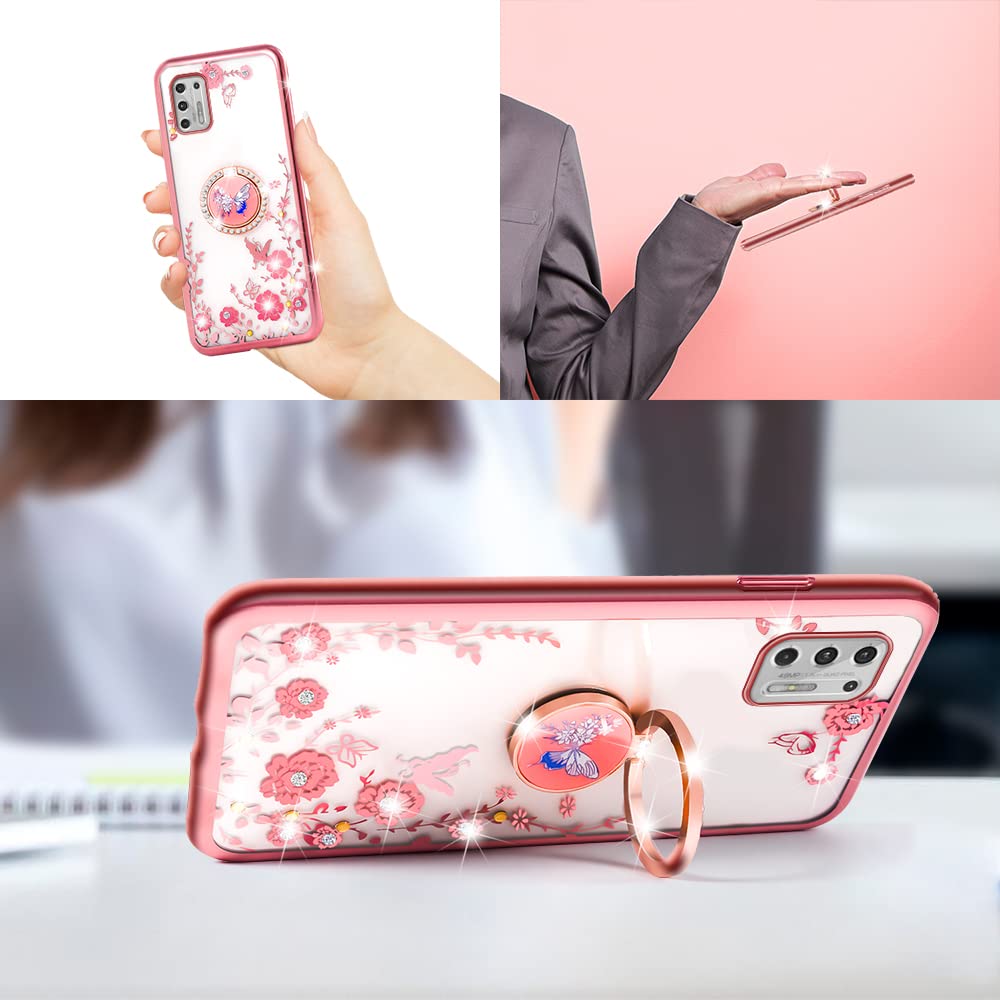 Motorola Moto G Stylus 2021 4G Phone Case with Ring Kickstand & Lanyard - Cute Floral Shockproof Protective Cover for Women (Rose Butterfly) | Perfect for Daily Use, Work, and Travel Protection
